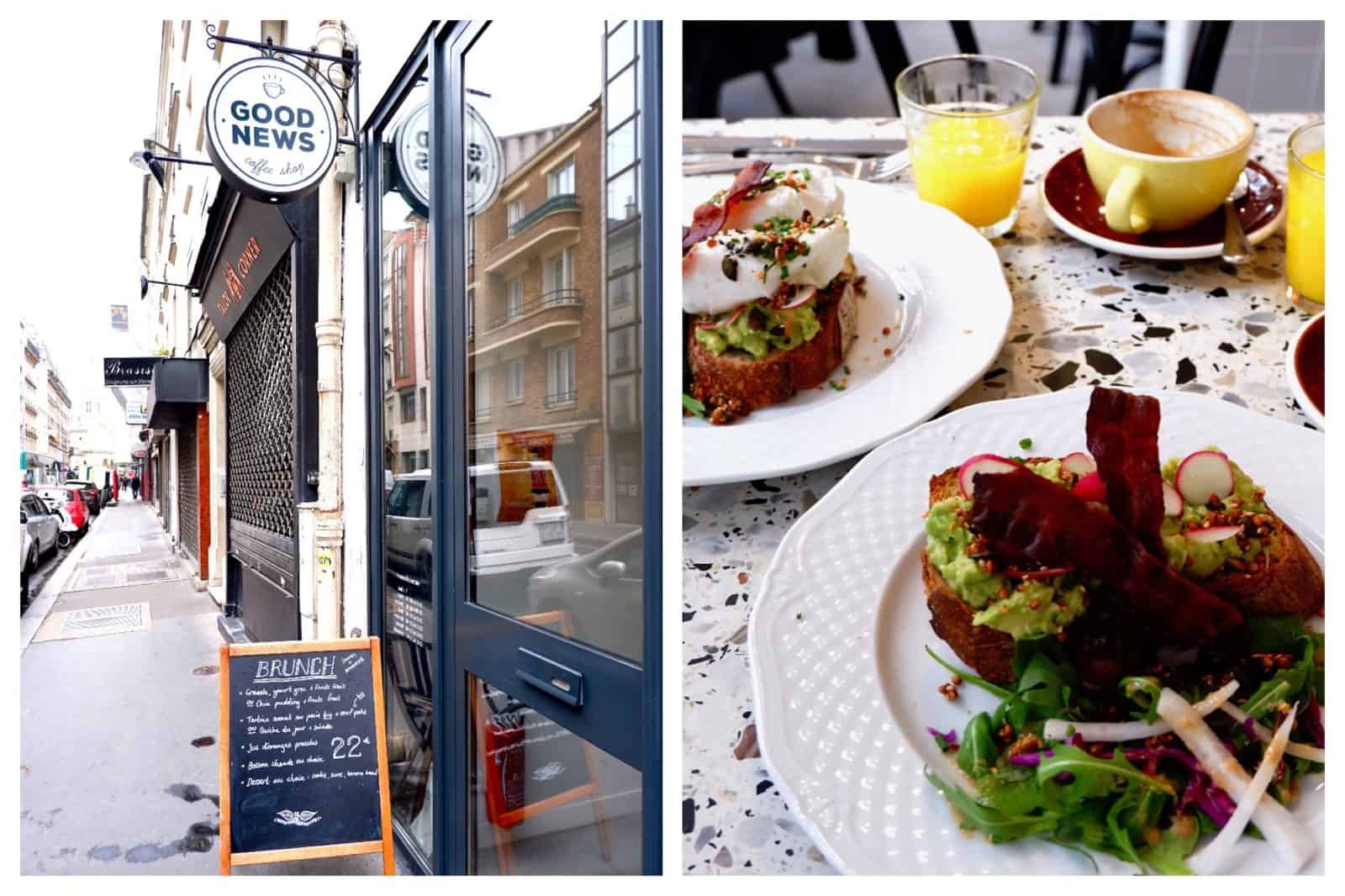 The chalk-board menu outside on the sidewalk (left) and an avocado toast with sliced radish (right) at Good News Australian-inspired coffee shop in Paris