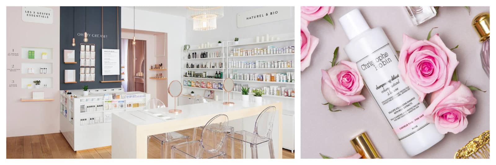 Oh My Cream! French beauty brand store interiors (left). French hair colorist Christophe Robin's beauty products top our list as they are natural and smell great, like this bottle of soft 'Shampooing délicat' (right).