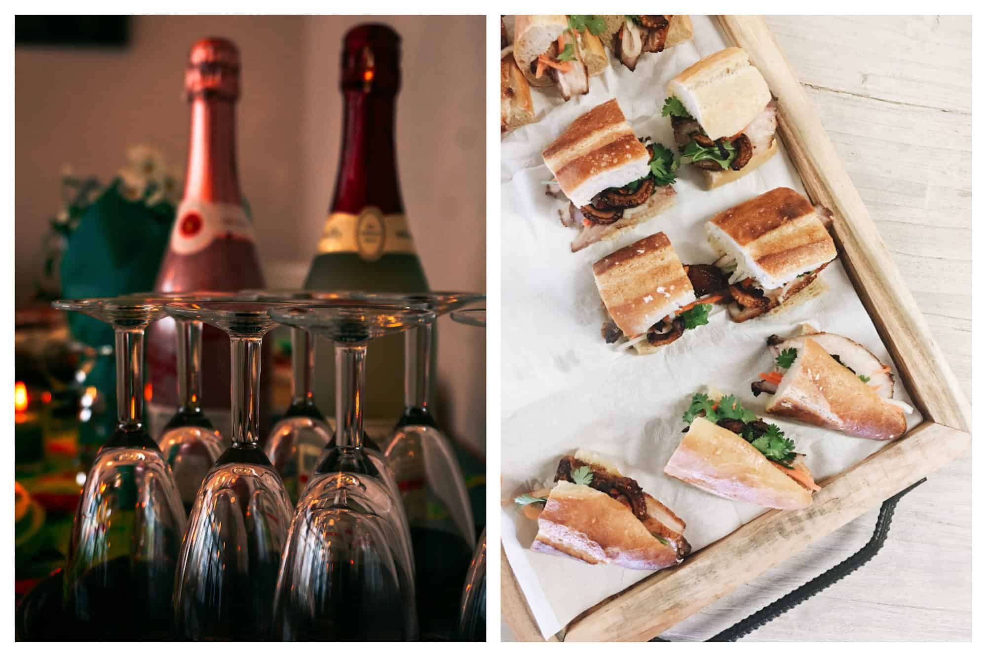 Two champagne bottles and glasses waiting to be filled for New Year's Eve (left). Baguette canapés on a tray (right). 