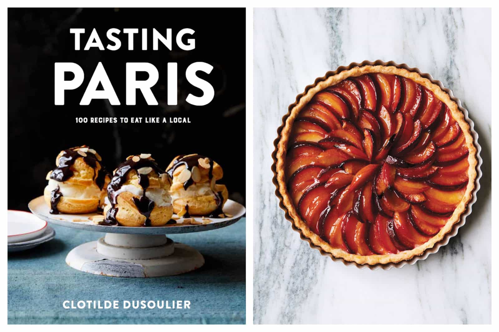 100 French food recipes by Clotilde Dusoulier in her cookbook 'Tasting Paris' Book (left). Beautiful whole caramelized plum tart from the book (left).