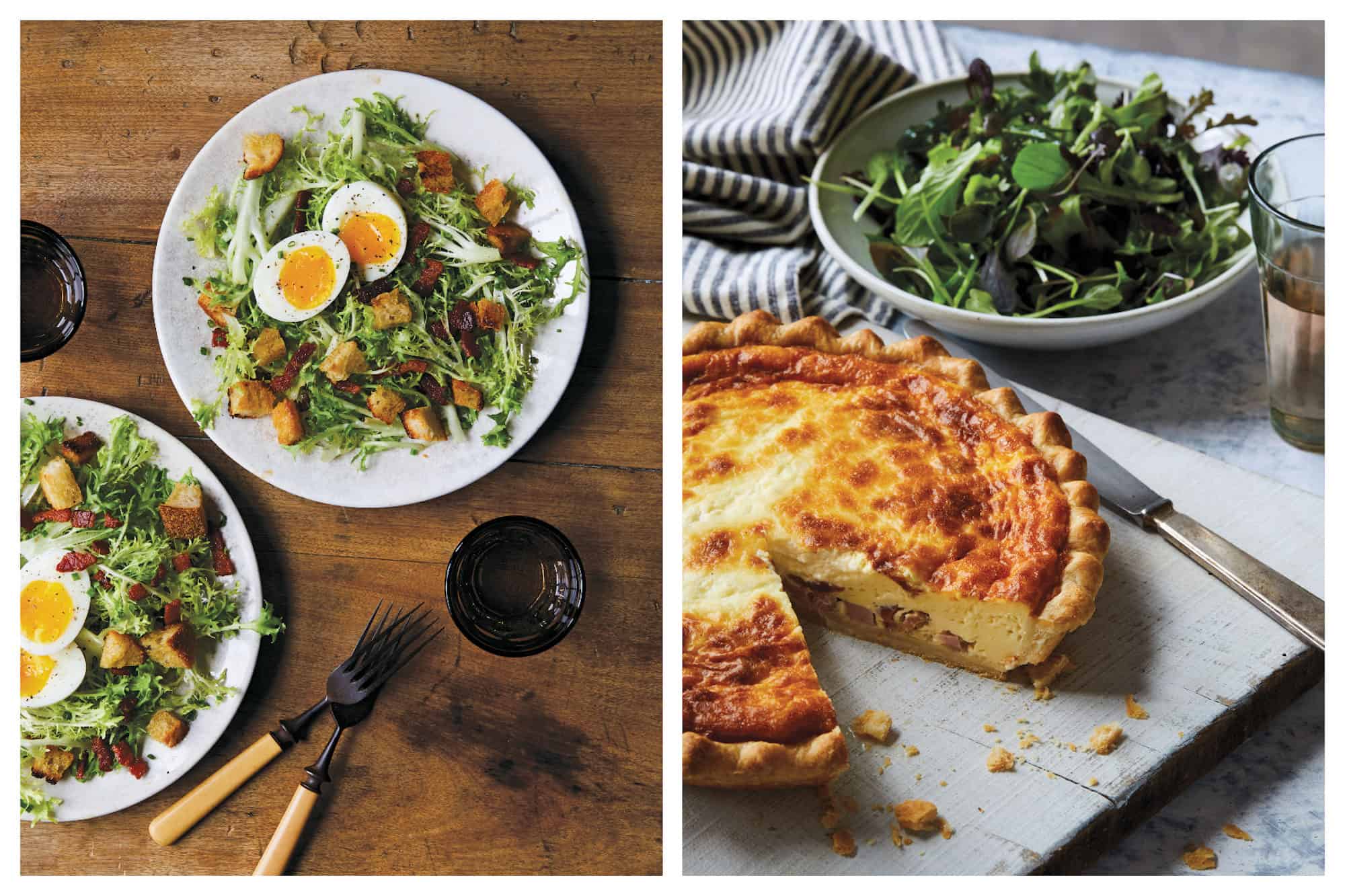 One of our favorite French cookbooks includes 'Tasting Paris' by Clotilde Dusoulier and we love her Frisée Salad with eggs (left) and quiche Lorraine (right). 