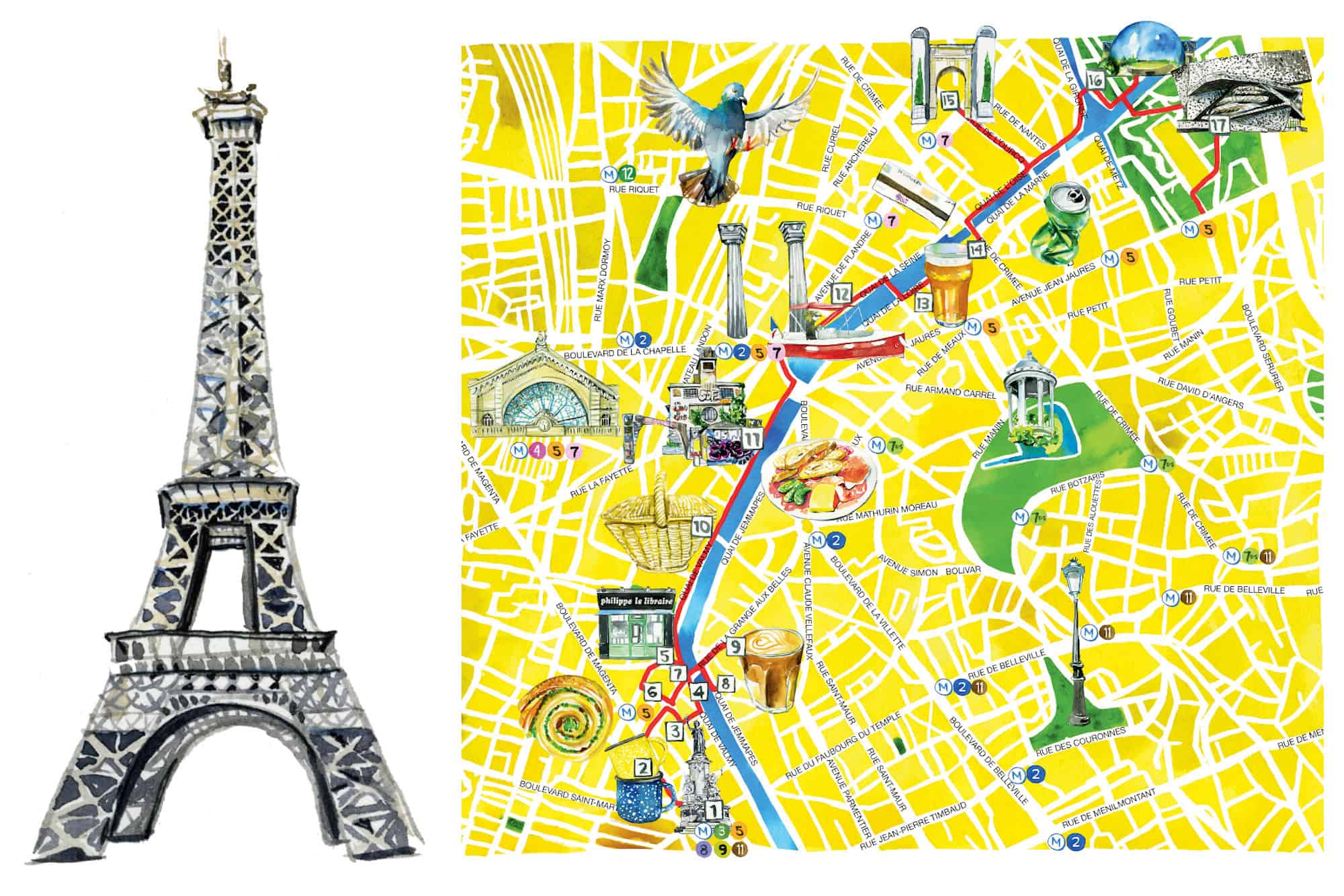 Jessie Kanelos Weiner's watercolor illustrations in the guidebook 'Paris in Stride' include the Eiffel Tower (left) and a map of things to do in Paris (right). 
