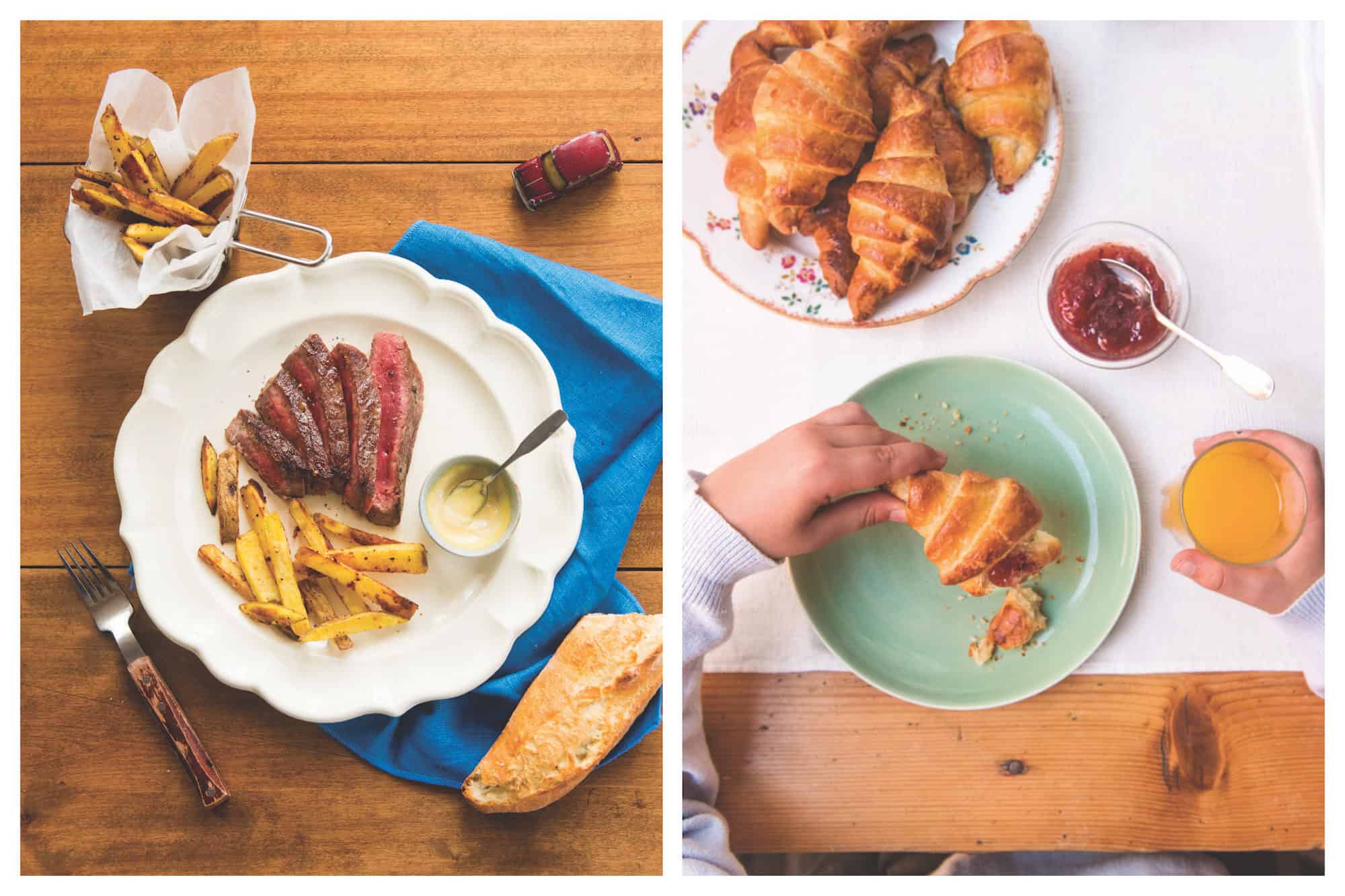 Perfectly cooked steak and frites French style in author Mardi Michels cookbook (left). Butter croissants, homemade jams and freshly-pressed orange juice (right).