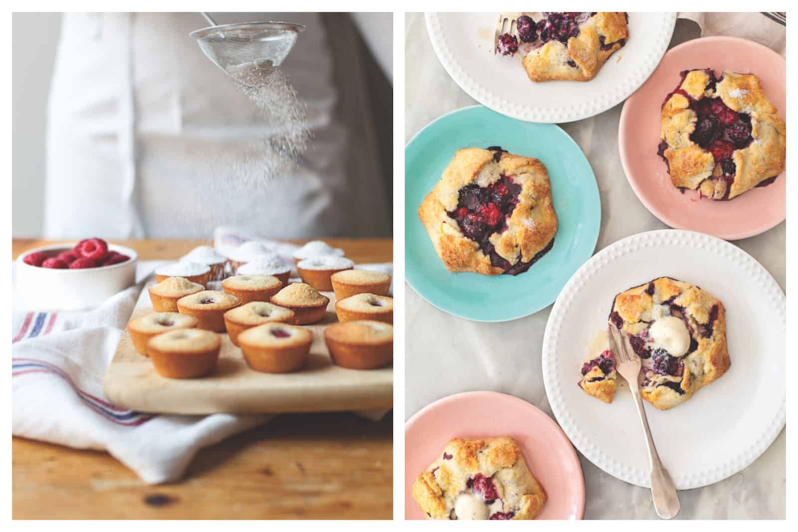Sugar-dusted Financiers pastries (left) and mixed berry tarts (right) by Mardi Michels in her French cookbook 'In the French Kitchen with Kids'.