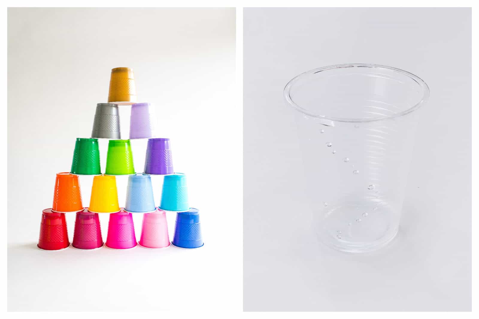 Don't be tempted by colorful plastic cups like those arranged in a pyramid here (left) and forget the common plastic cup (right) as France's plastic ban on single-use plastics comes into play. 