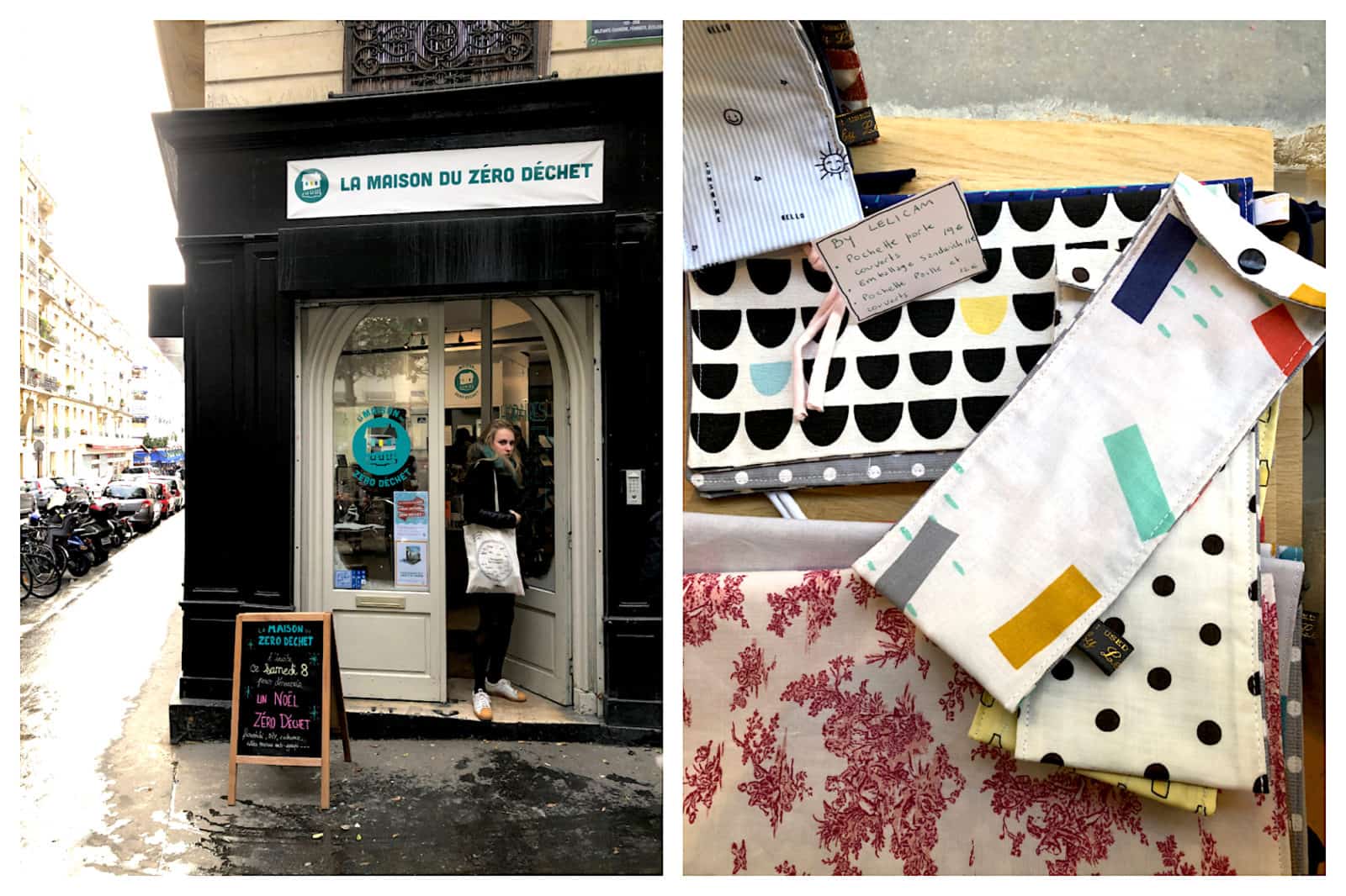 Wandering what gifts to buy in Paris? Head to the Maison du Zéro Déchet (house of zero waste) Paris concept store (left) for handmade zero-waste lifestyle items like these colorful silverware holders (right). 