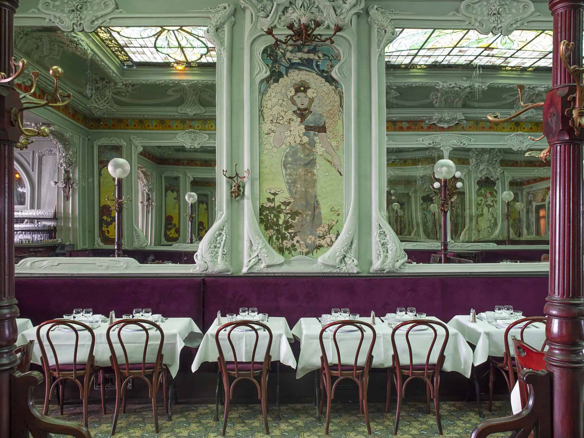 Interior shot of the wonderful Art Nouveau interiors of Bouillon Julien restaurant in Paris