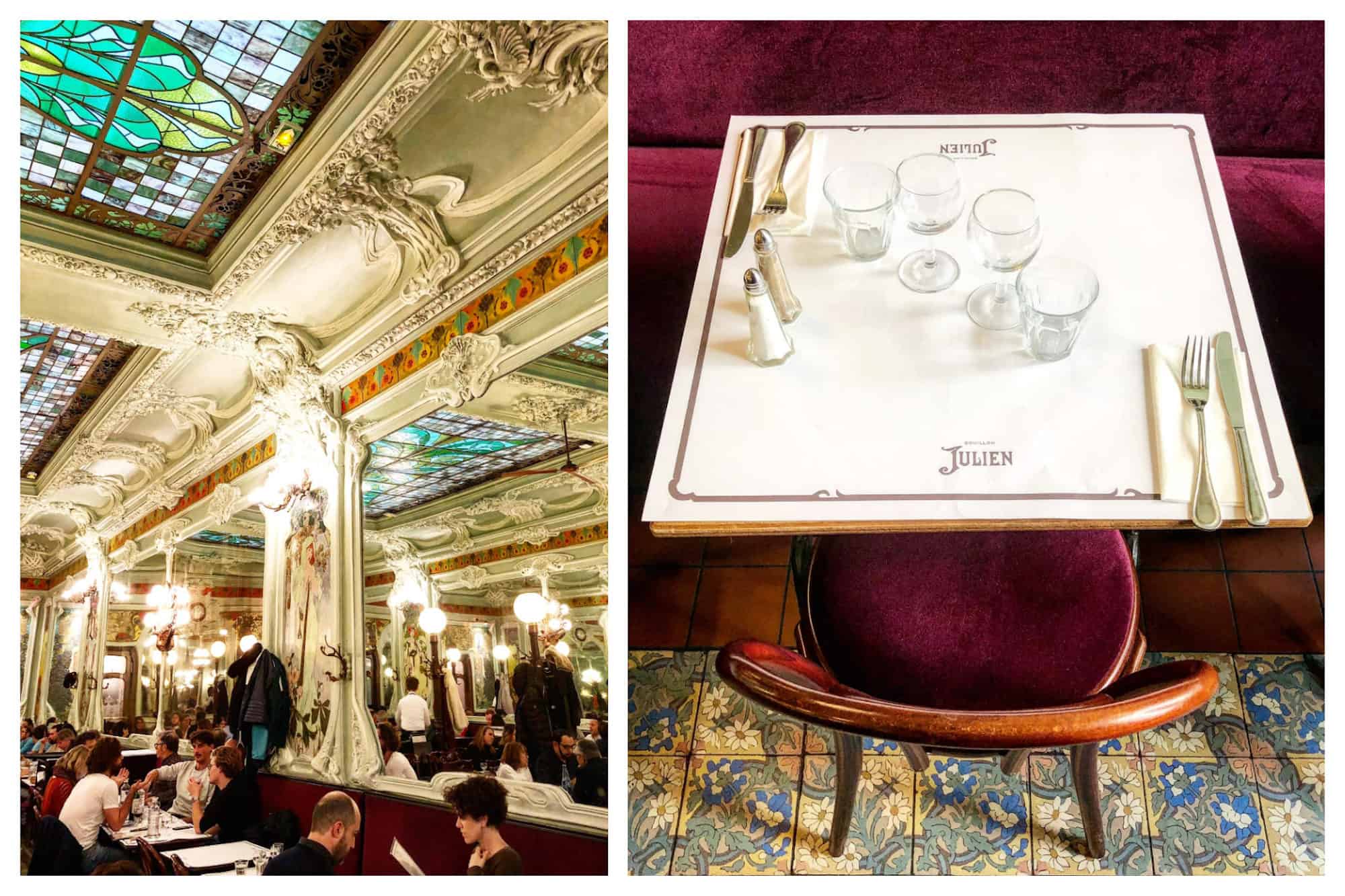The ornate moldings and stained glass ceiling (left) and stylish bistro table and chair on original period tiles (right) at Bouillon Julien restaurant Paris. 