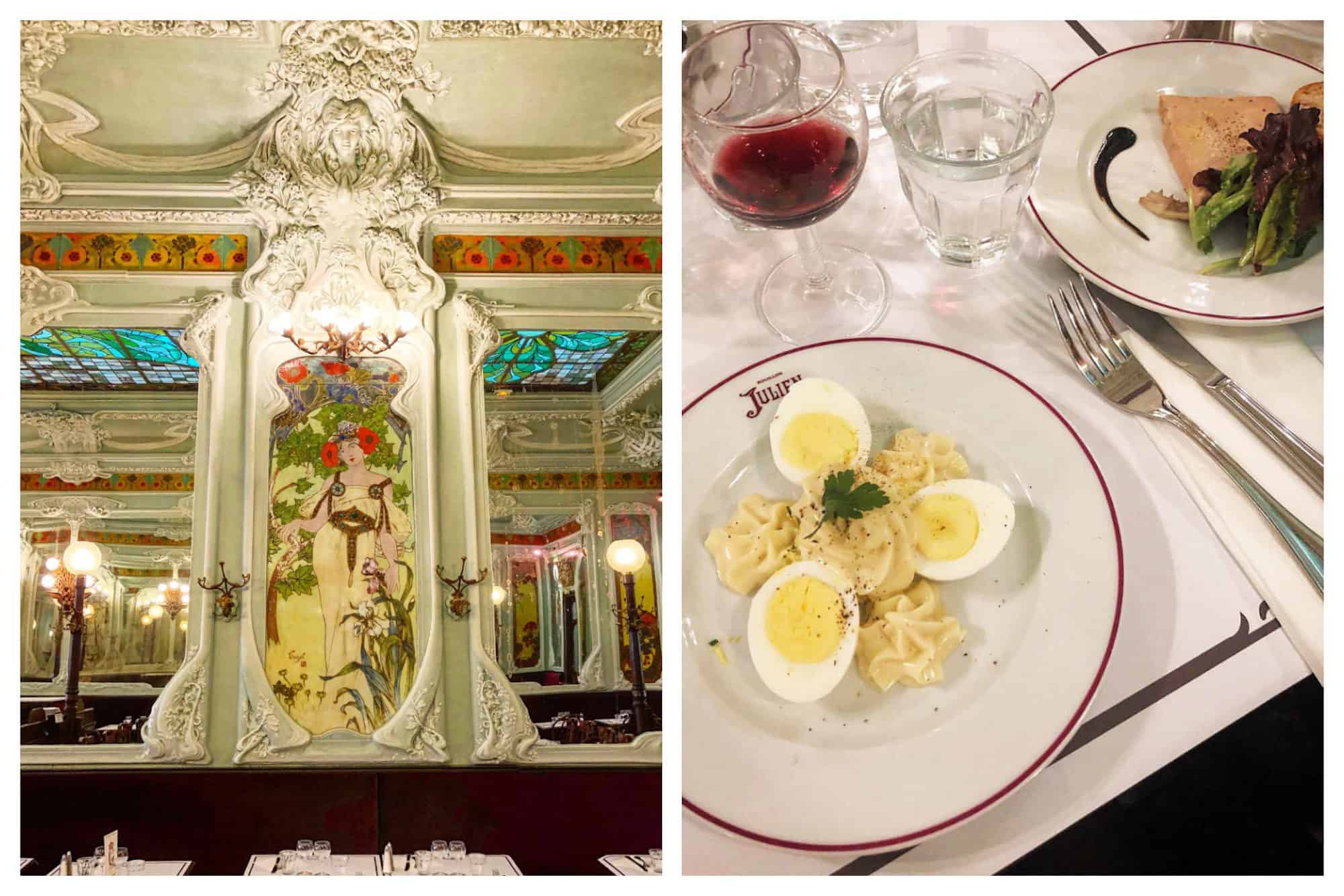 Elaborate Art Nouveau frescoes line the walls (left) and typical French classics like egg mayonnaise and foie gras are served (right) at Bouillon Julien restaurant in Paris
