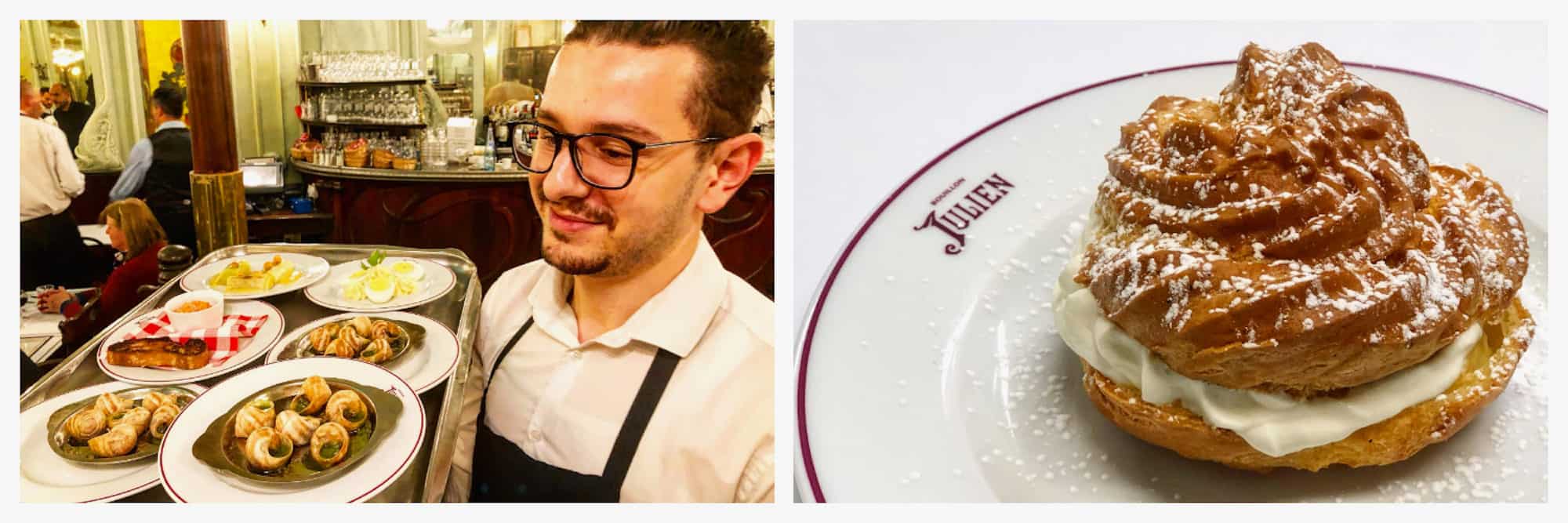 A waitor bringing out snails on a tray (left) and chantilly cream dessert (right) at Bouillon Julien restaurant in Paris