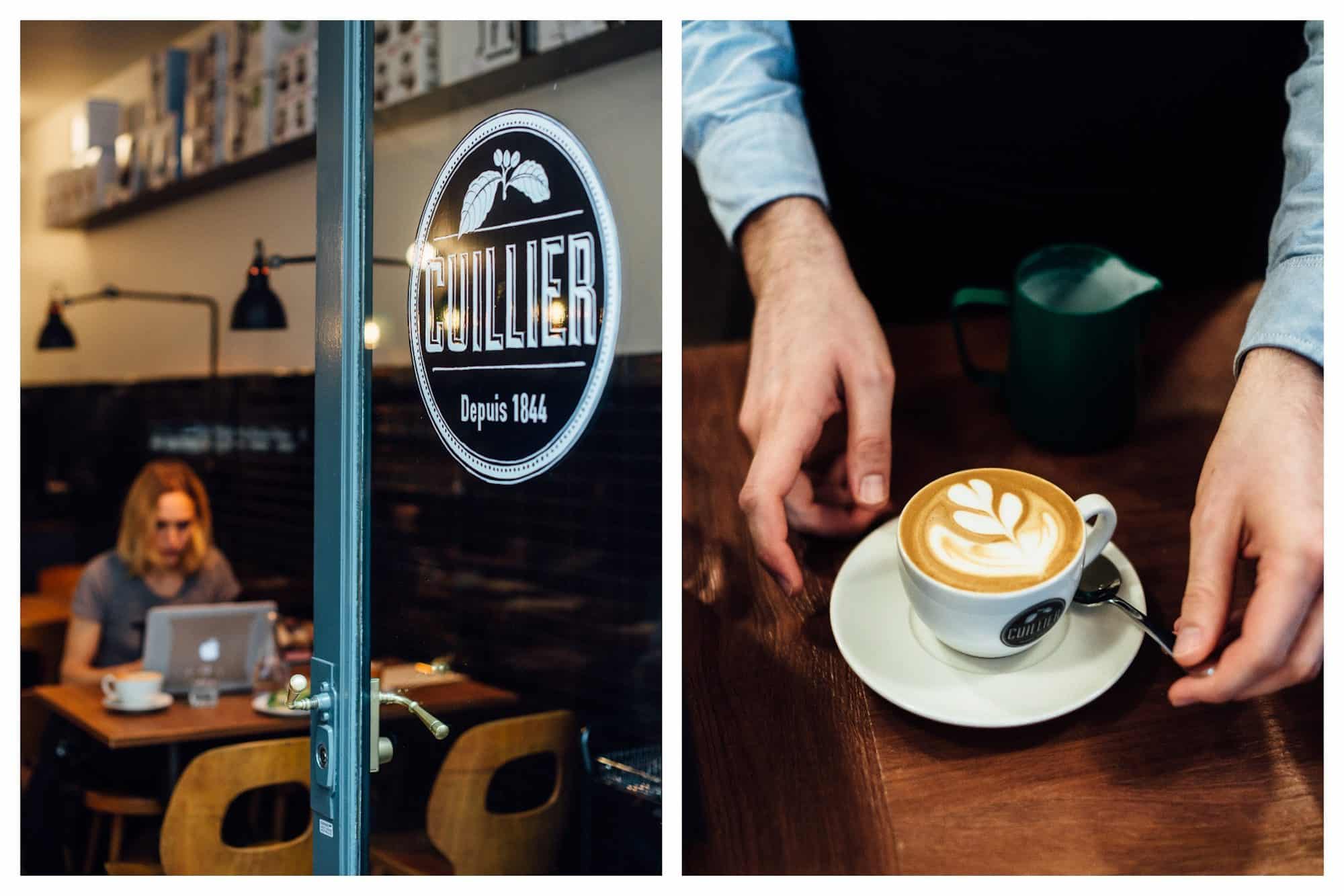 A freshly made cappuccino between the hands of the barista at Cuillier coffee shop in St Germain des Près Paris
