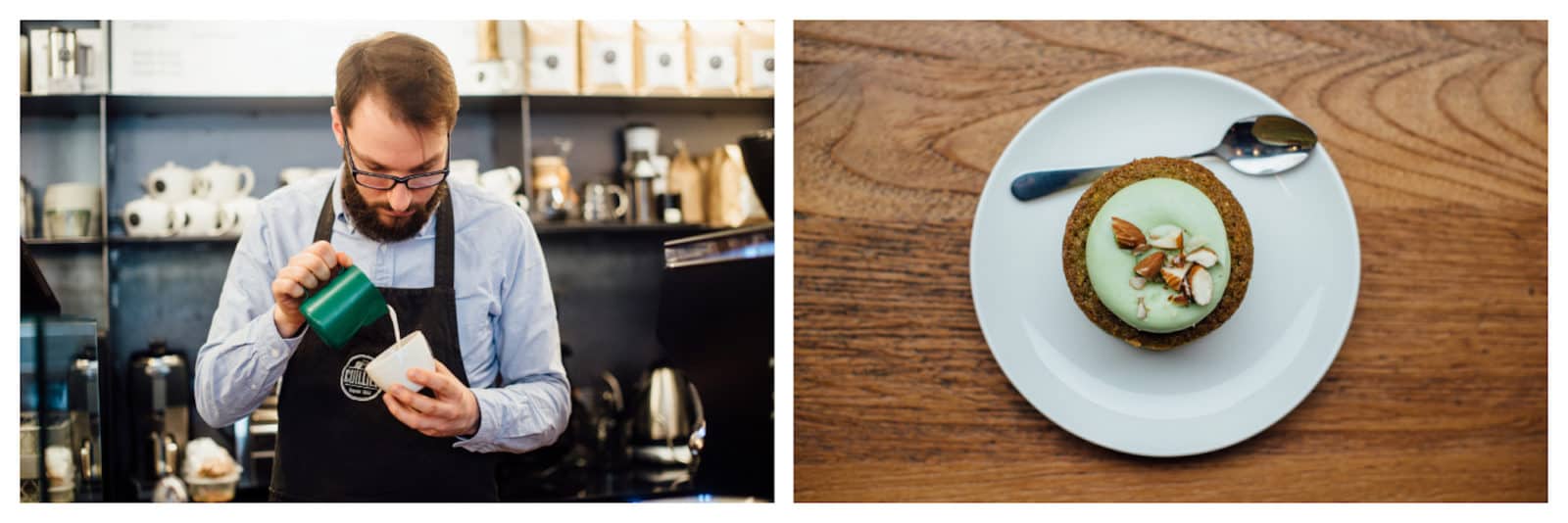 A barista making coffee (left) and a homemade cake with icing at Cuillier coffee shop in Paris' St Germain Neighborhood (right).