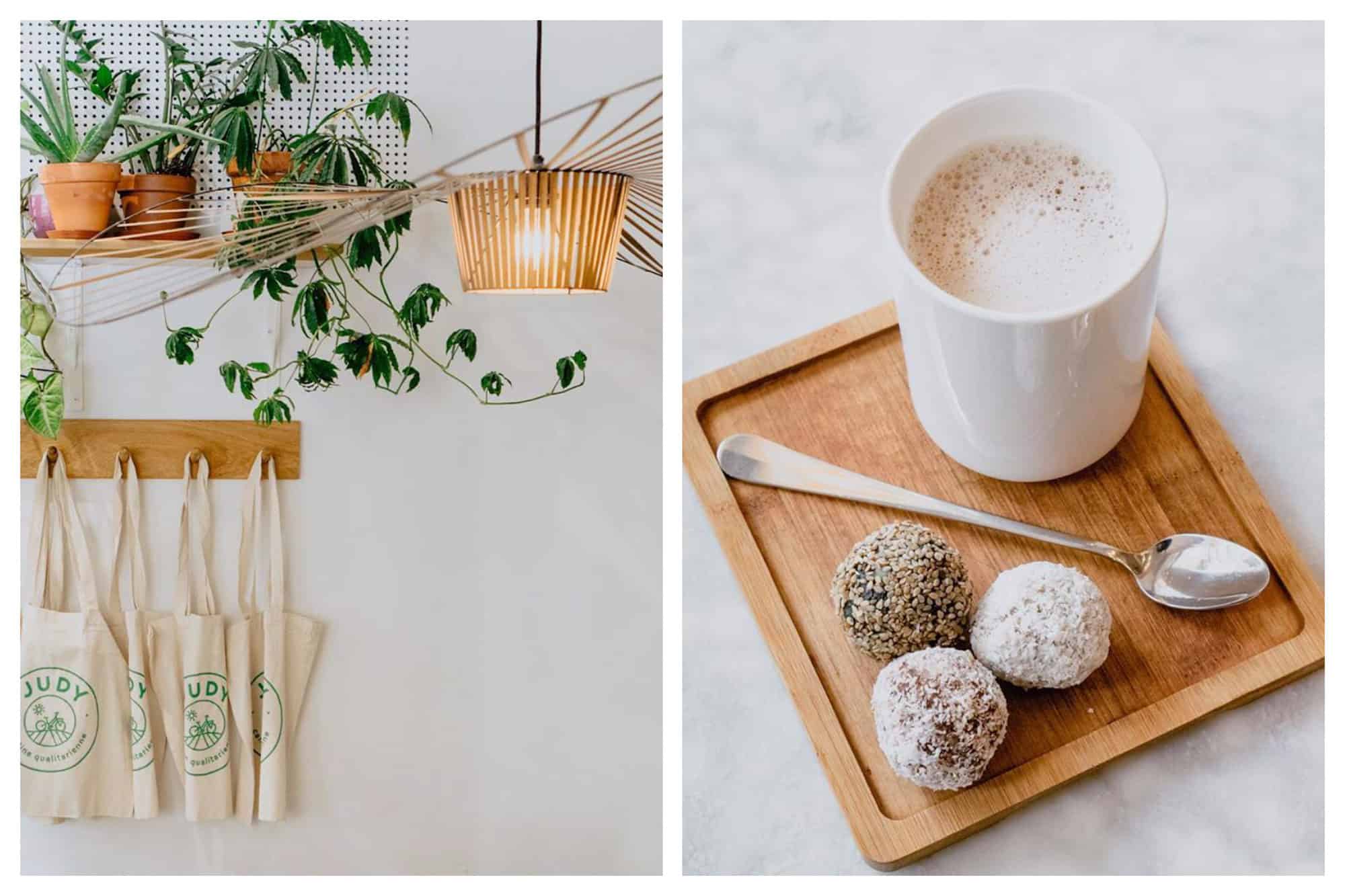 The natural style interiors of Judy coffee shop (left) and a hot drink with coconut dessert balls (right) in Paris' Saint Germain neighborhood