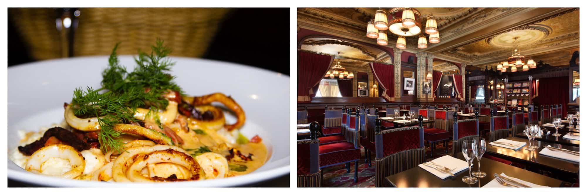 Top place to eat in Paris for its Alsatian-inspired fare, Brasserie Zimmer is on the Place du Châtelet in Paris' 1st district and serves seafood like grilled octopus (left) and has old-world wooden and red velvet interiors (right).