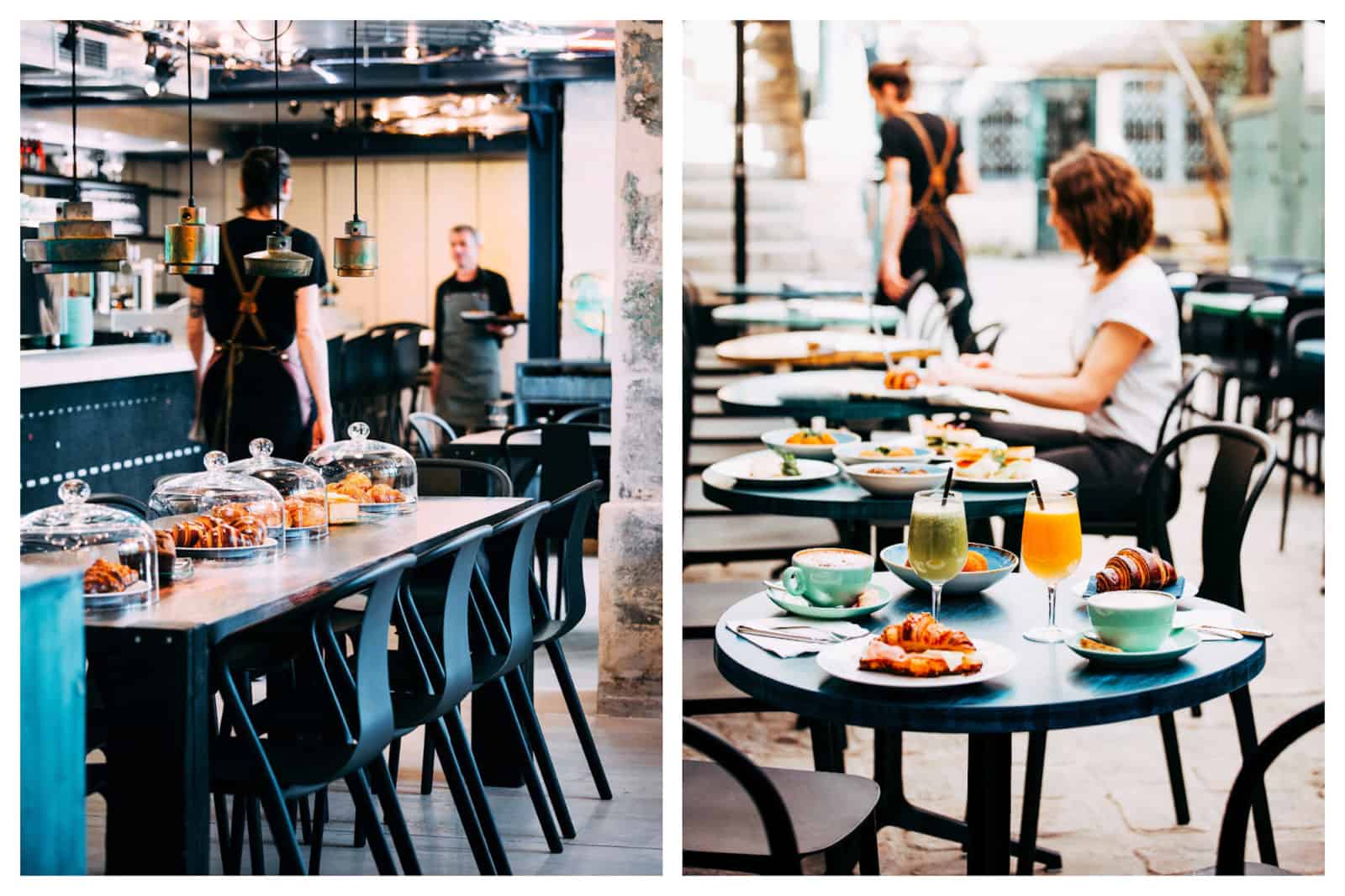 The industrial-style interiors of Marcello (left) and an outdoor table with brunch for two on a terrace in Paris' Saint Germain neighborhood (right).