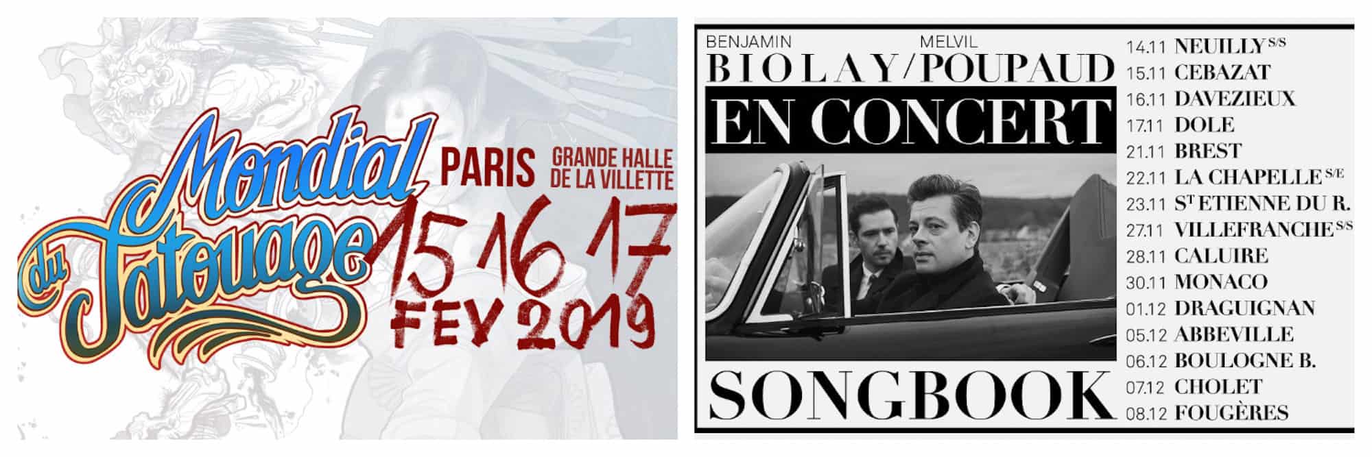 Mondial Tatouage tattoo fair takes places every February in Paris (left). Poster for French singer Benjamin Biolay Music Concert in Paris (right).
