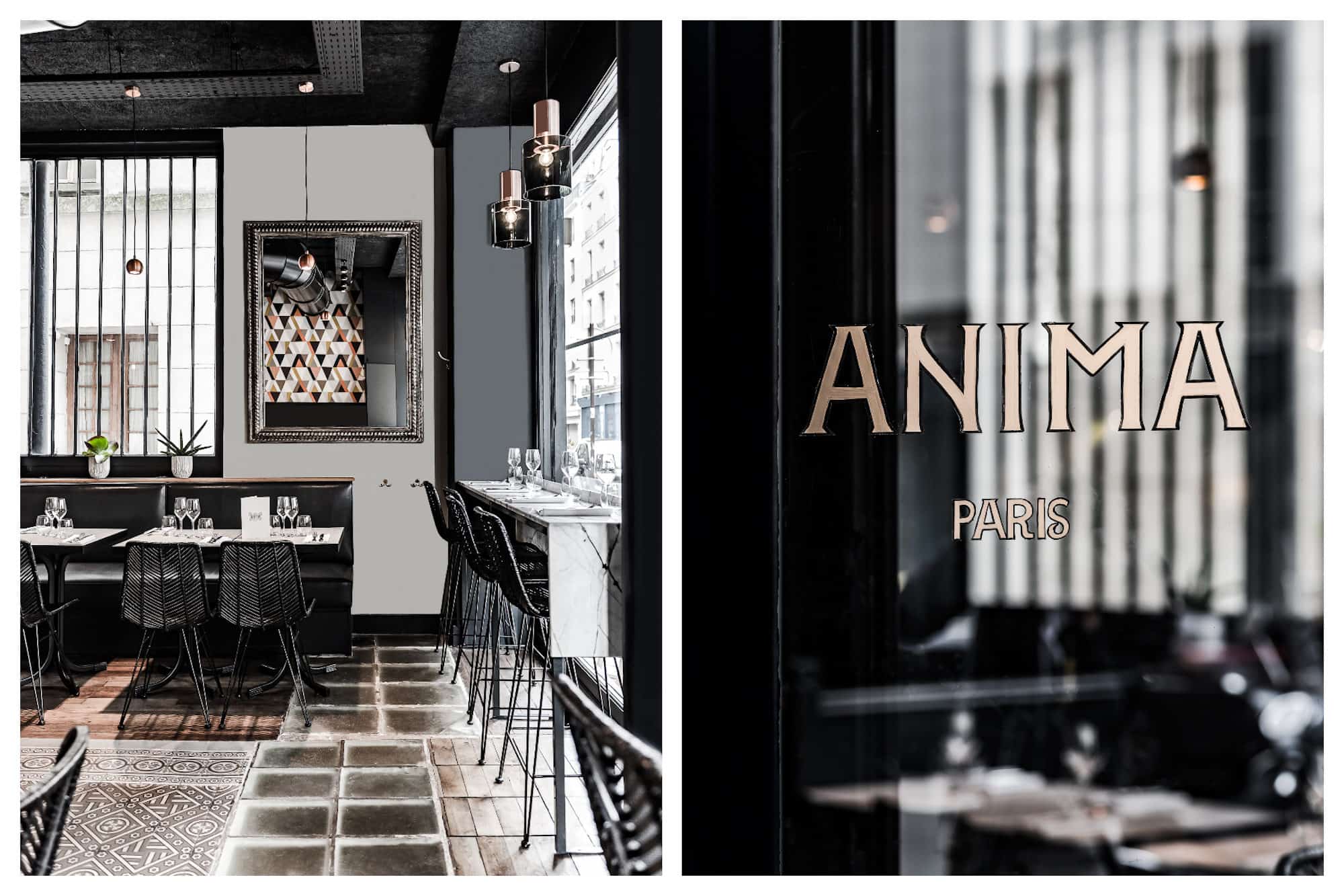 The subdued slate gray decor of Anima restaurant on rue du Cherche-Midi (left). The window of Anima restaurant in Paris (right).