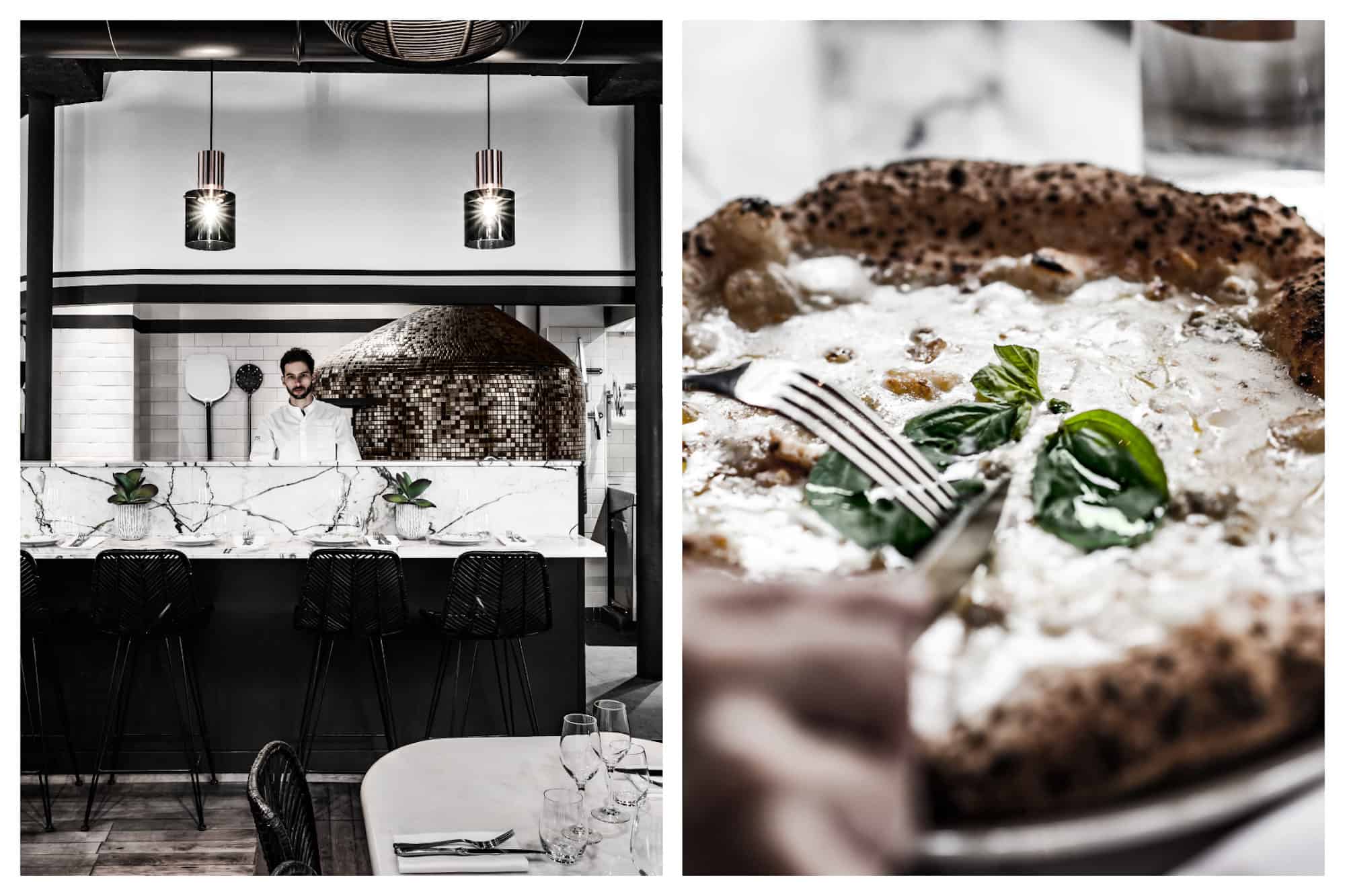 The chef with the pizza oven in the open kitchen (left) and one of the best pizzas in Paris (right) at Italian restaurant Anima on rue du Cherche-Midi.