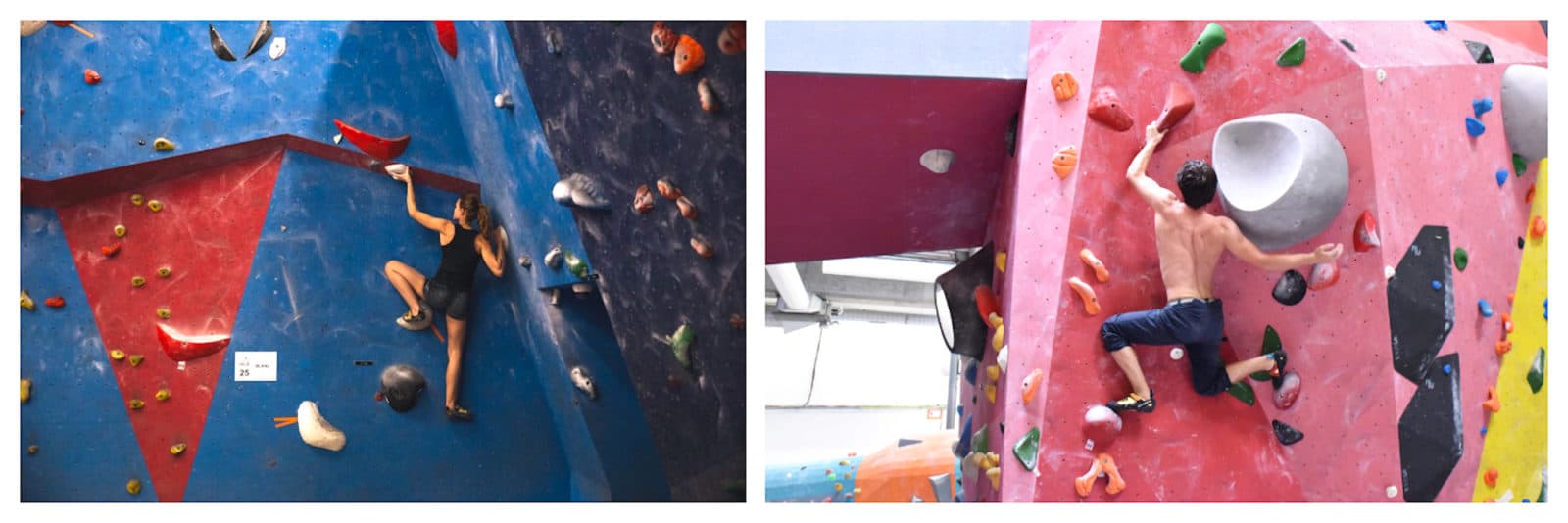 The blue (left) and pink (right) climbing walls at Blockout, a Paris kid-friendly climbing club that organizes children’s birthday parties.