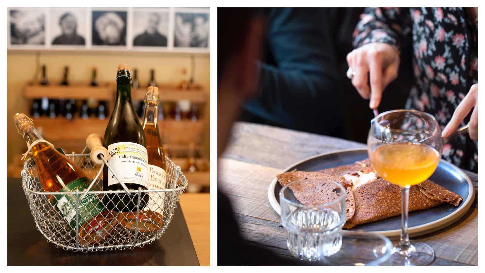 For the best gluten-free pancakes in Paris (right), head to Breizh Cafe, which also offers natural wines and ciders (left).