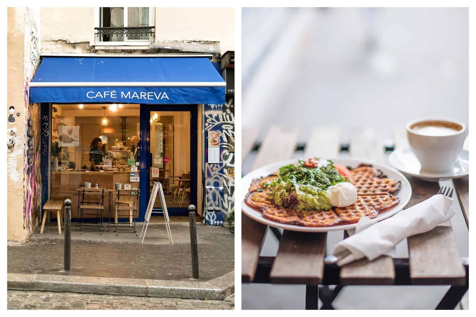 Outside best gluten-free coffee shop in Paris, Mareva with its blue awning (left) and it's tasty gluten-free waffles with avocado and poached eggs (right).