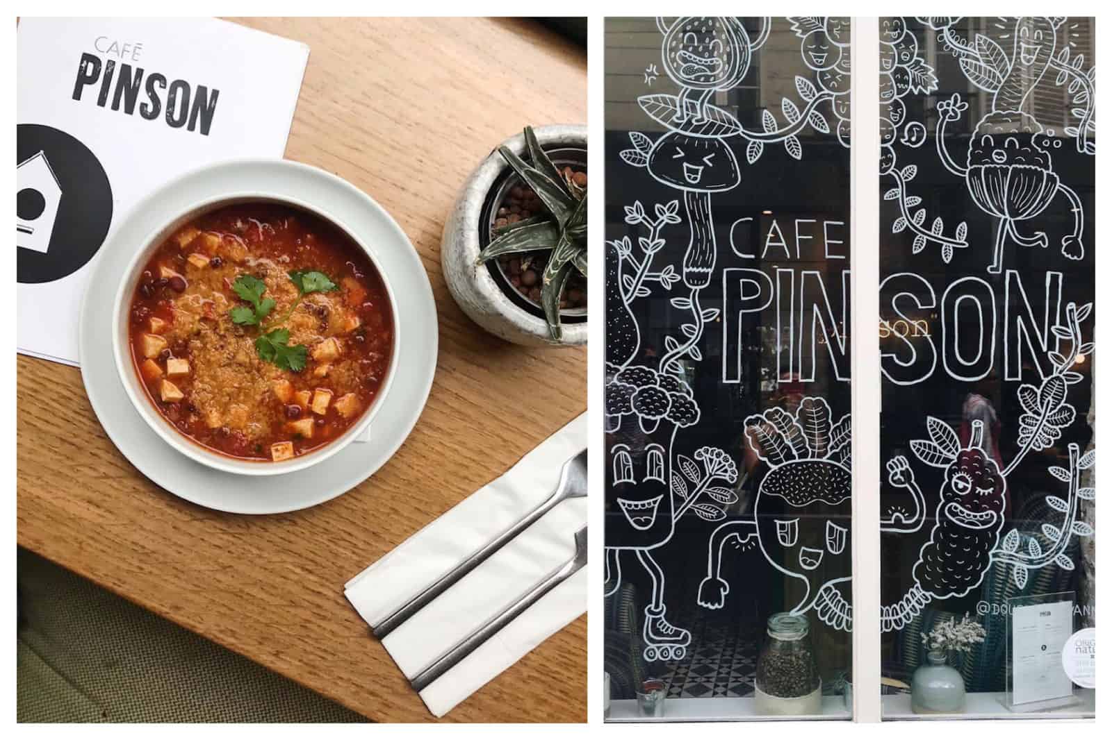 One of the best places to go for a gluten-free lunch in Paris is Café Pinson in the Marais, and we love their vegetable soups (left) and fun décor like the hand-painted veggie figures on the window (right).
