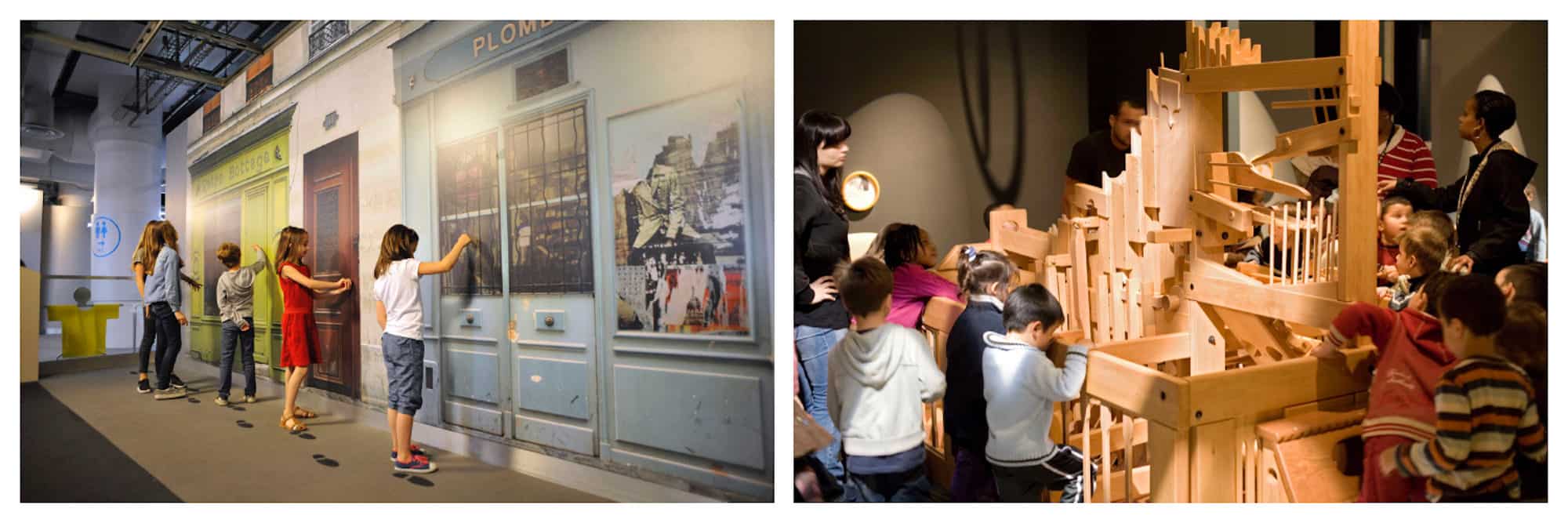 Kids drawing on the walls (left) and exploring the interactive exhibits (right) at Paris' Science Museum. 