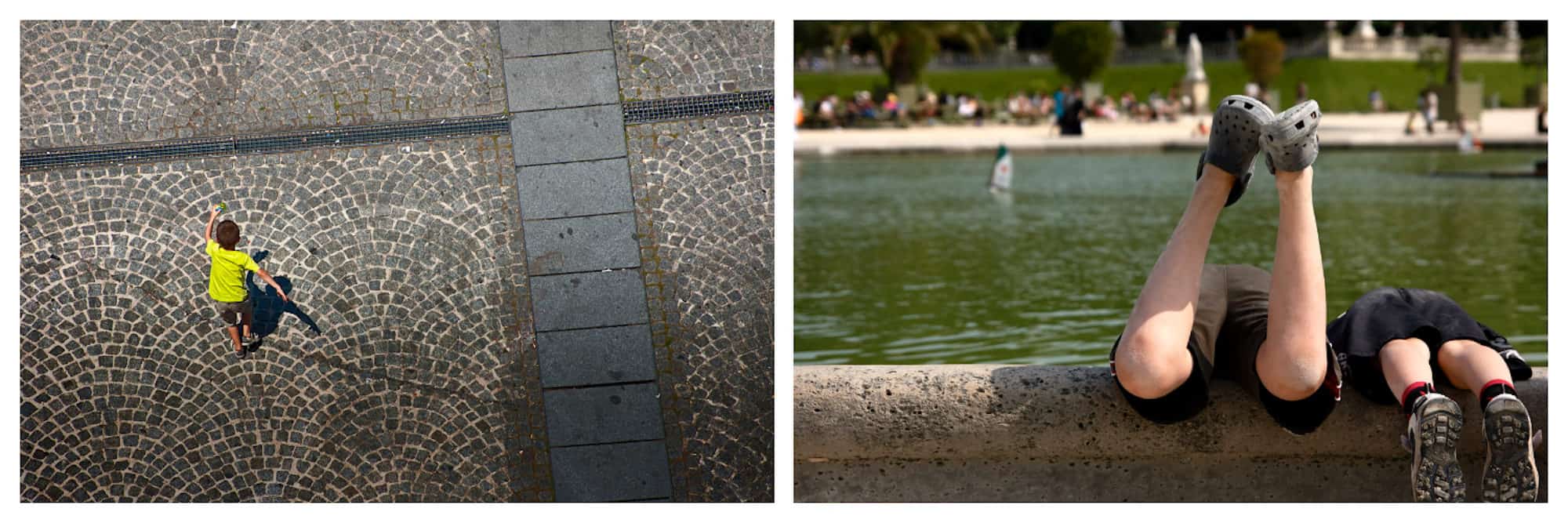 An aerial view of kid in a yellow t-shirt, walking across a cobblestone square in summer in Paris (left). Two pairs of children's legs as they lean into the pond at the Jardin des Tuileries, a popular kid-friendly spot in Paris (right).