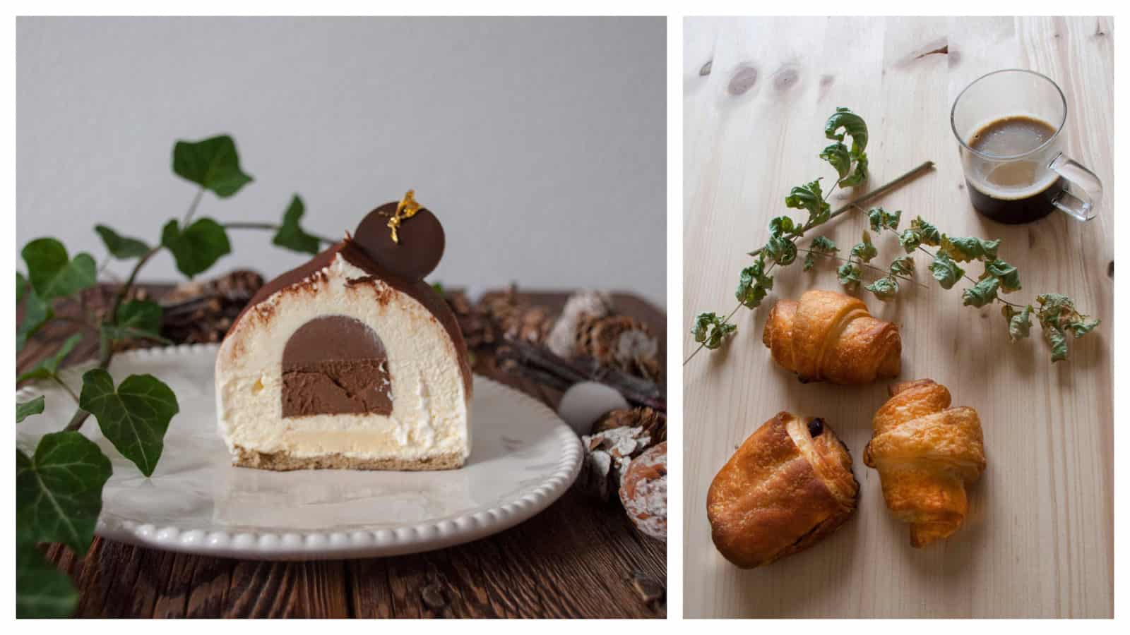 Vanilla and chocolate ice cream cake (left) and gluten-free croissants and pains au chocolat (right) from from Paris bakery Helmut Newcake.