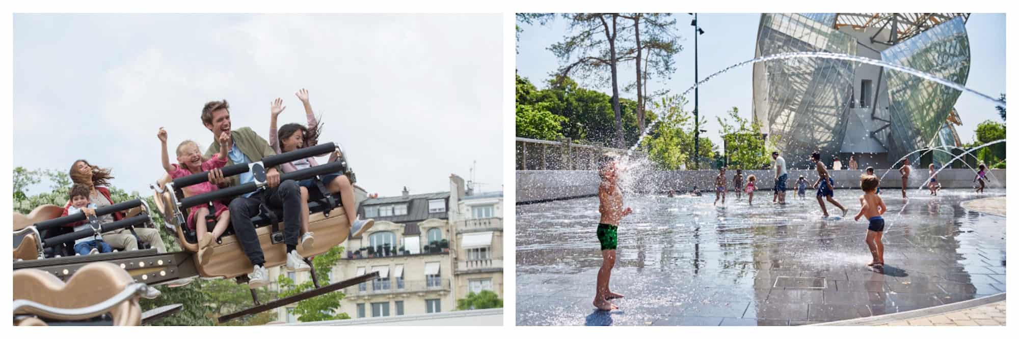 A father and his two kids having fun in kid-friendly Paris on a fair ground ride (left) and children in their bathing suits playing in the fountains outside the Louis Vuitton Foundation in the summer sun (right).