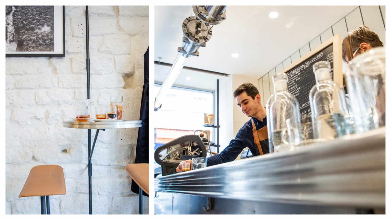 Alain Ducasse's Le Café is our go-to coffee shop on rue du Cherche-Midi with stylish interiors (left) and craft coffee you can enjoy at the counter (right).