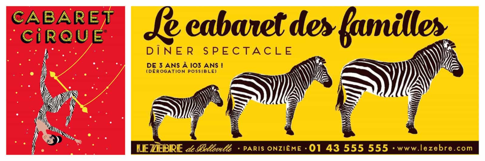 Posters for kid-friendly cabarets in Paris like the Cabaret du Cirque (right) and the Cabaret des Familles (left), perfect for a rainy day with kids in Paris.