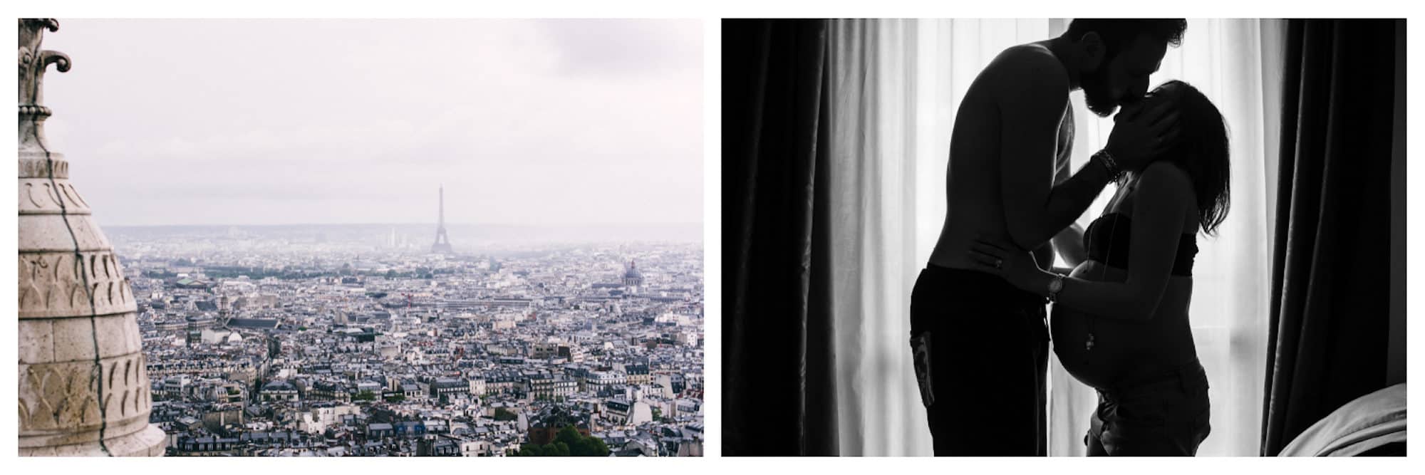 Panoramic Eiffel Tower view from above with Paris rooftops (Left). An artistic image of a couple in love kissing and the woman is very pregnant (right).