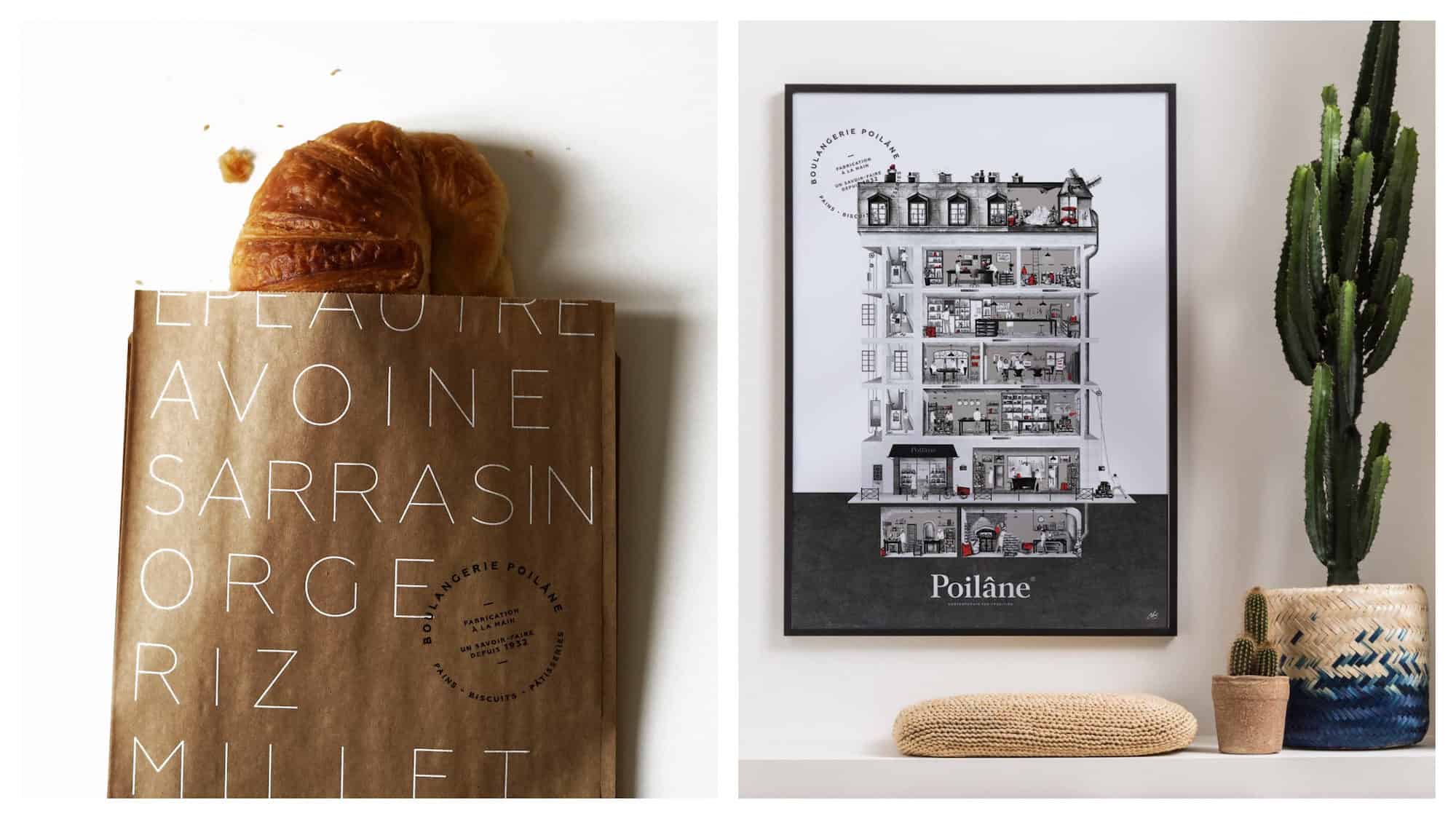 A buttery croissant from Poilane bakery on rue du Cherche-Midi in Paris (left). Artwork on the wall at Poilane bakery on rue du Cherche-midi in Paris.