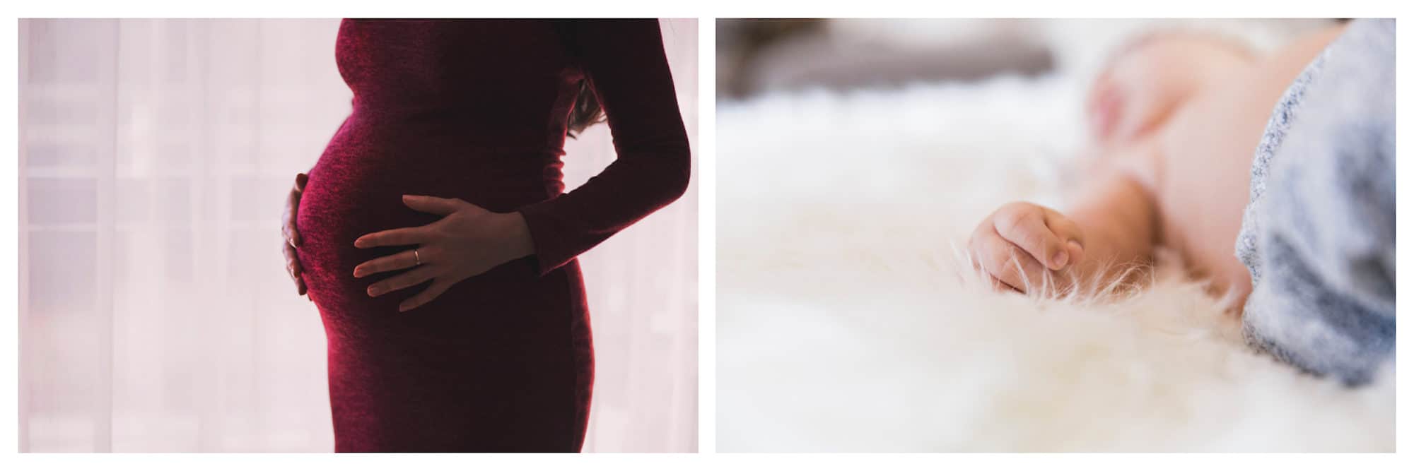 A pregnant woman wearing a tight red dress (left). Tiny new-born baby on a fluffy rug (right).