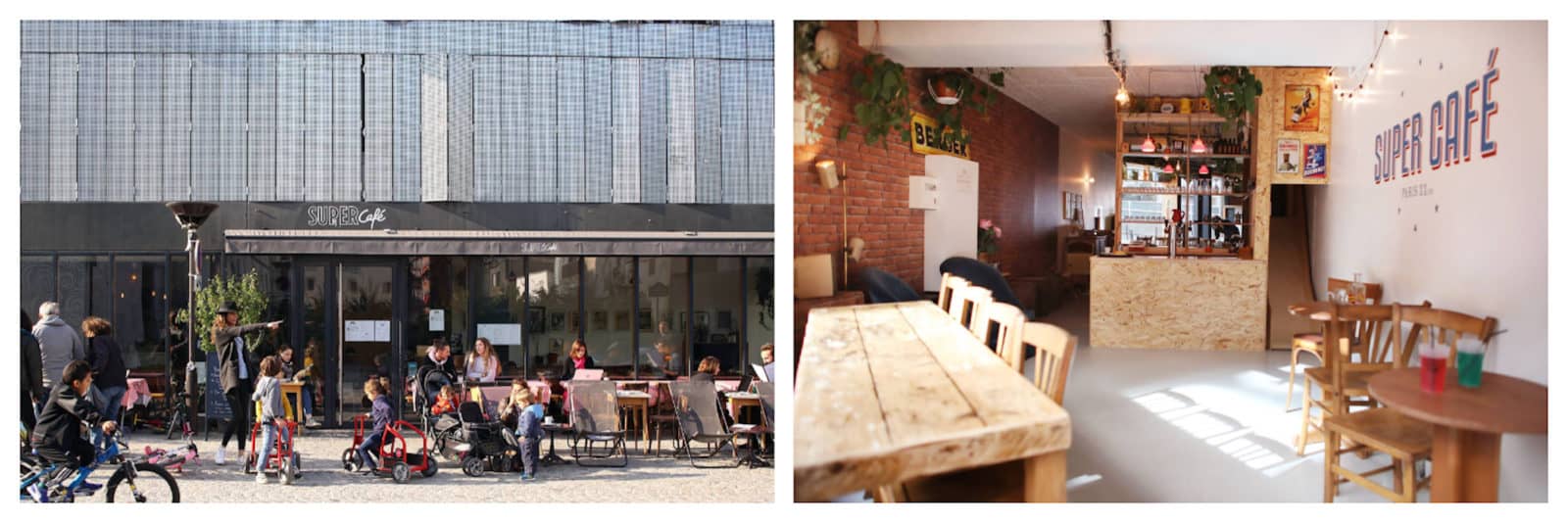 Brunch in Paris at Super Café which comes with a tricycle-friendly outdoor area (left) and plenty space to play inside (right).
