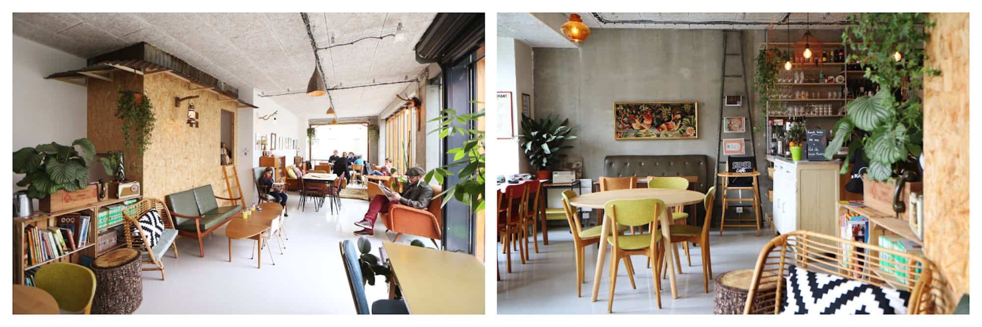 Inside Paris kid-friendly coffee shop, Super Café in the 20th arrondissement (left) and its Scandinavian-inspired decor (right).