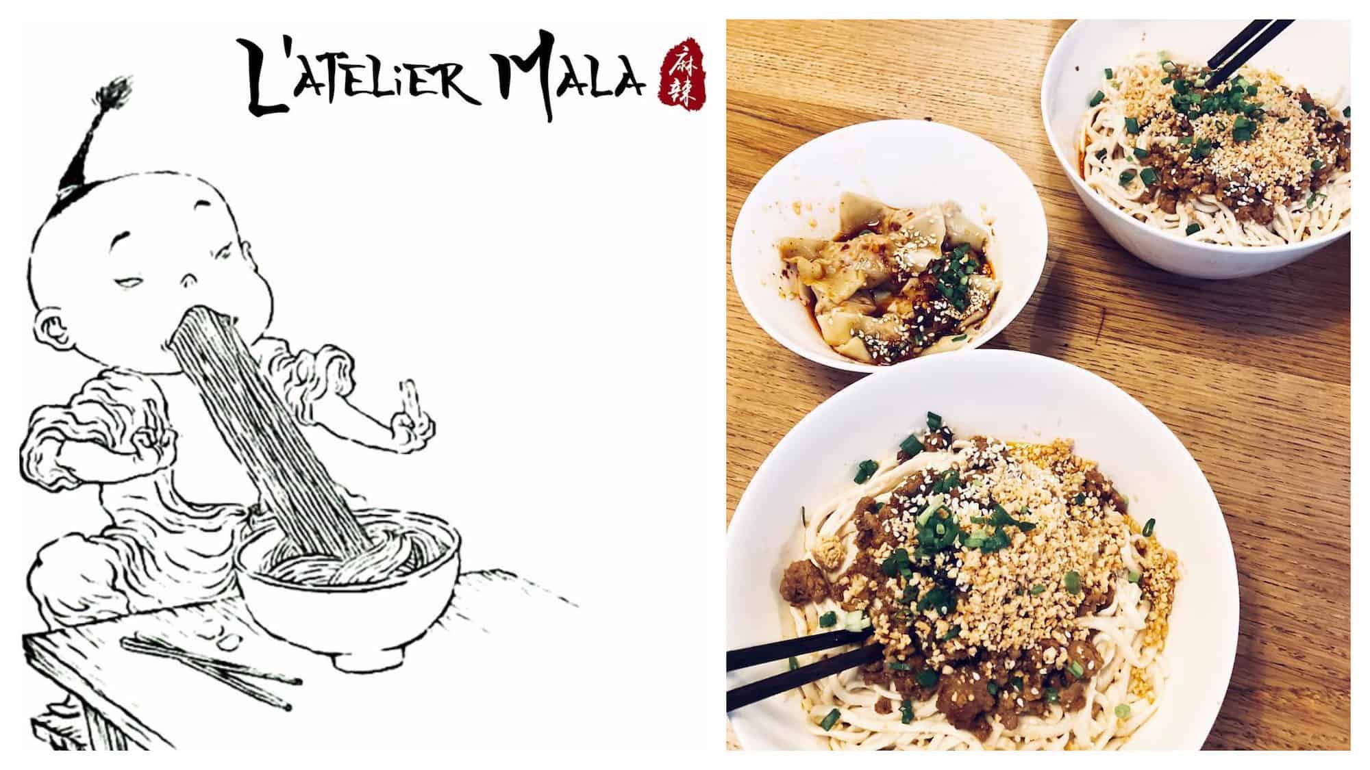 Go to L'Atelier Mala restaurant for the best authentic Chinese food in Paris, like tasty noodles, as in the restaurant's poster of a little cartoon Chinese boy hoovering up noodles (left) and tangy raviolis (right).