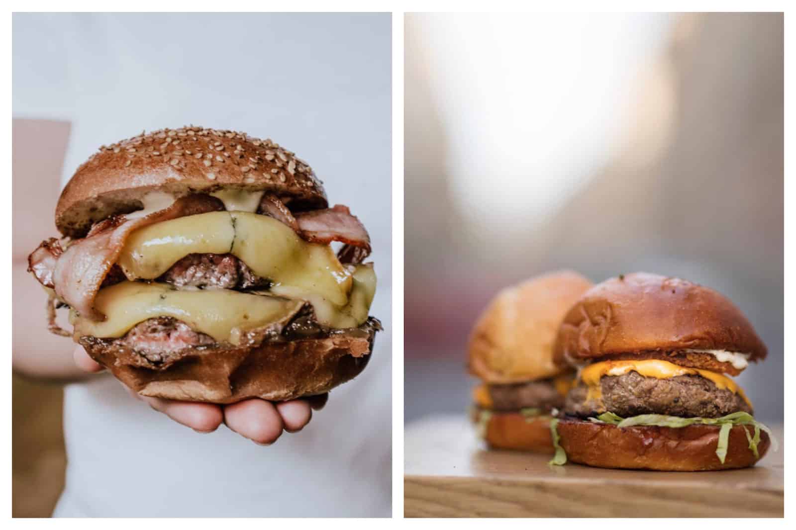 For almost guilt-free burgers in Paris, head to Bio Burger for its juicy, generously filled burgers with melted cheese and bacon (left), or Blend, which does tasty cheese burgers like these two sitting on a wooden table, in several locations all over Paris (right).