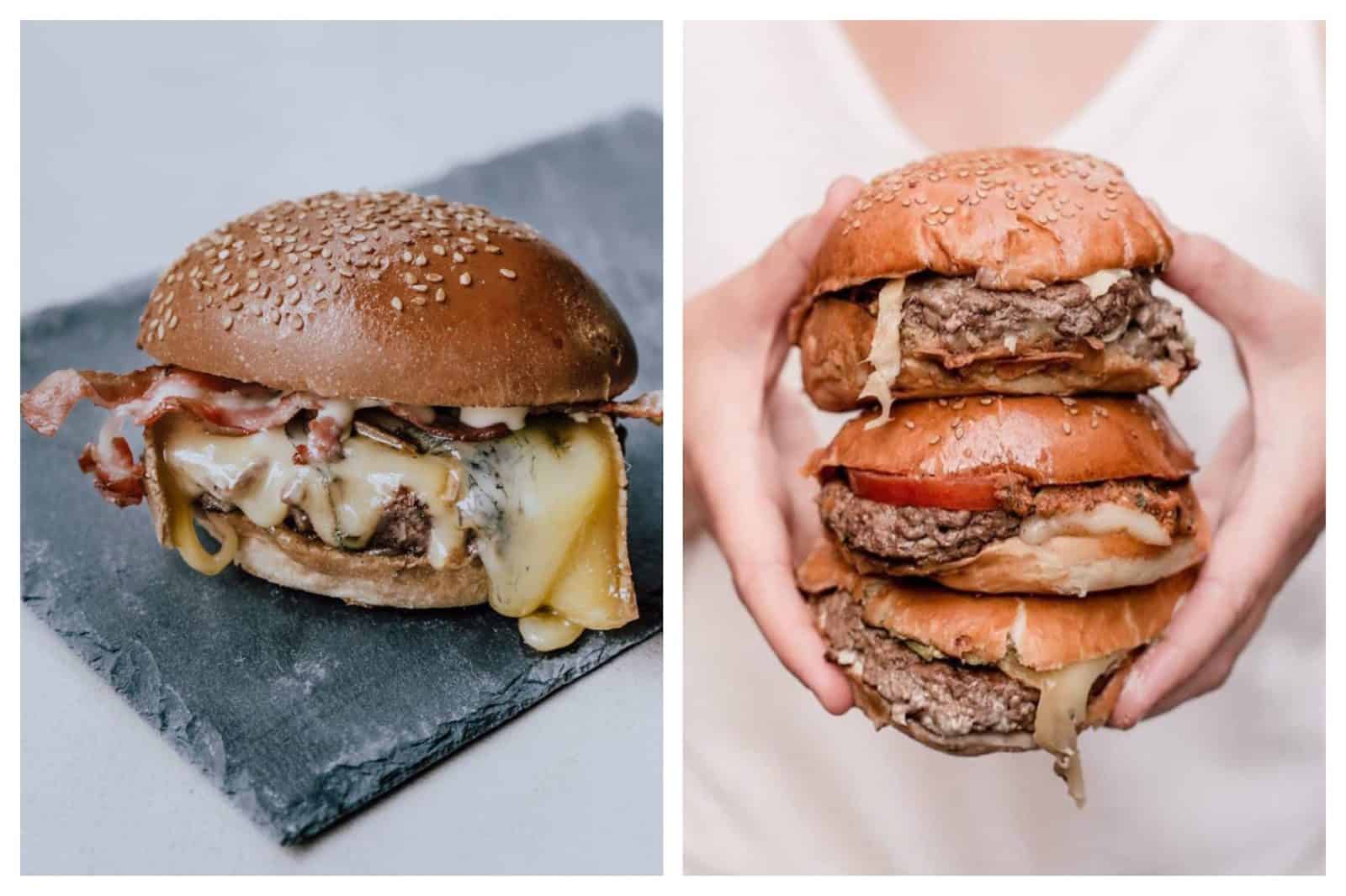 The place to go for an organic burger in Paris is Bio Burger for its generously filled buns with melted cheese and bacon served on slate boards (left). Or you can go for the straight-forward juicy beef burger like one of these three, which this girl is holding stacked together (right).