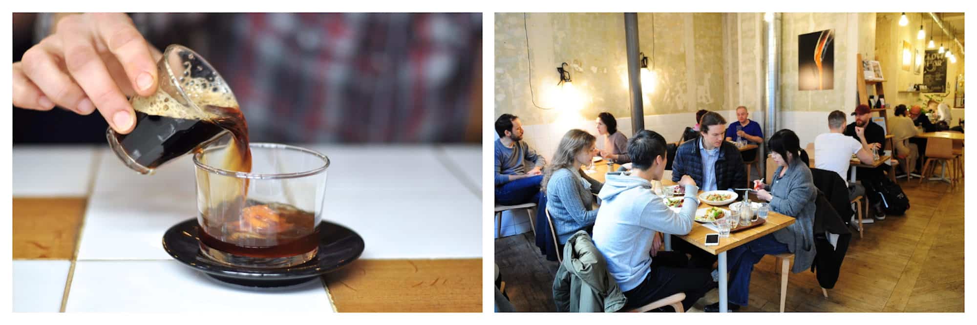 Someone serving coffee into a glass cup on a tiled counter at gluten-free Paris coffee shop Coutume (left). Inside gluten-free Paris coffee shop Coutume with people enjoying breakfast (right).