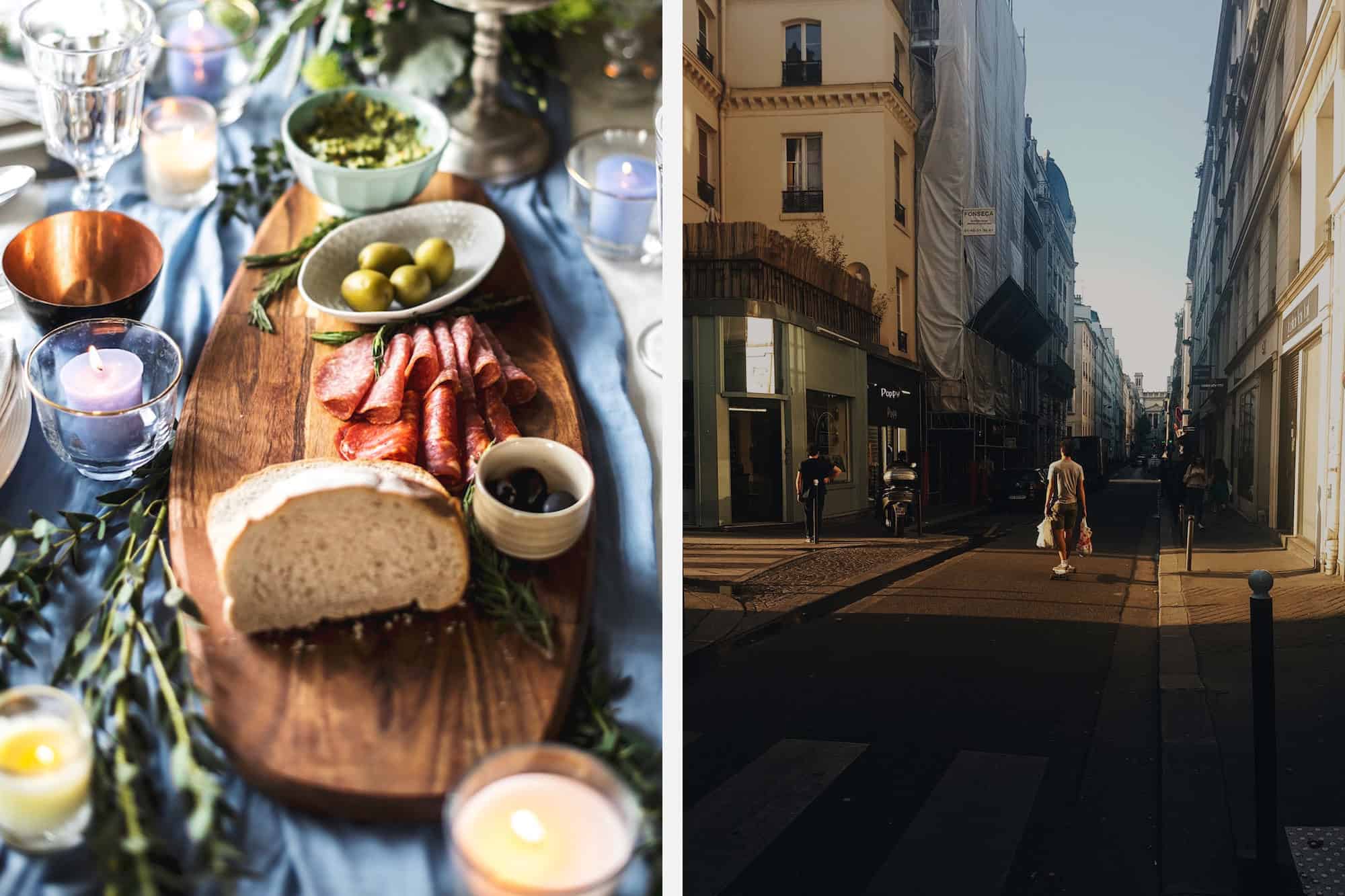 When eating with local Parisians, expect there to be lots of ham and bread (left). Dining at a local Parisian's apartment helps you discover new neighborhoods like this quiet off-the-beaten-track area (left).