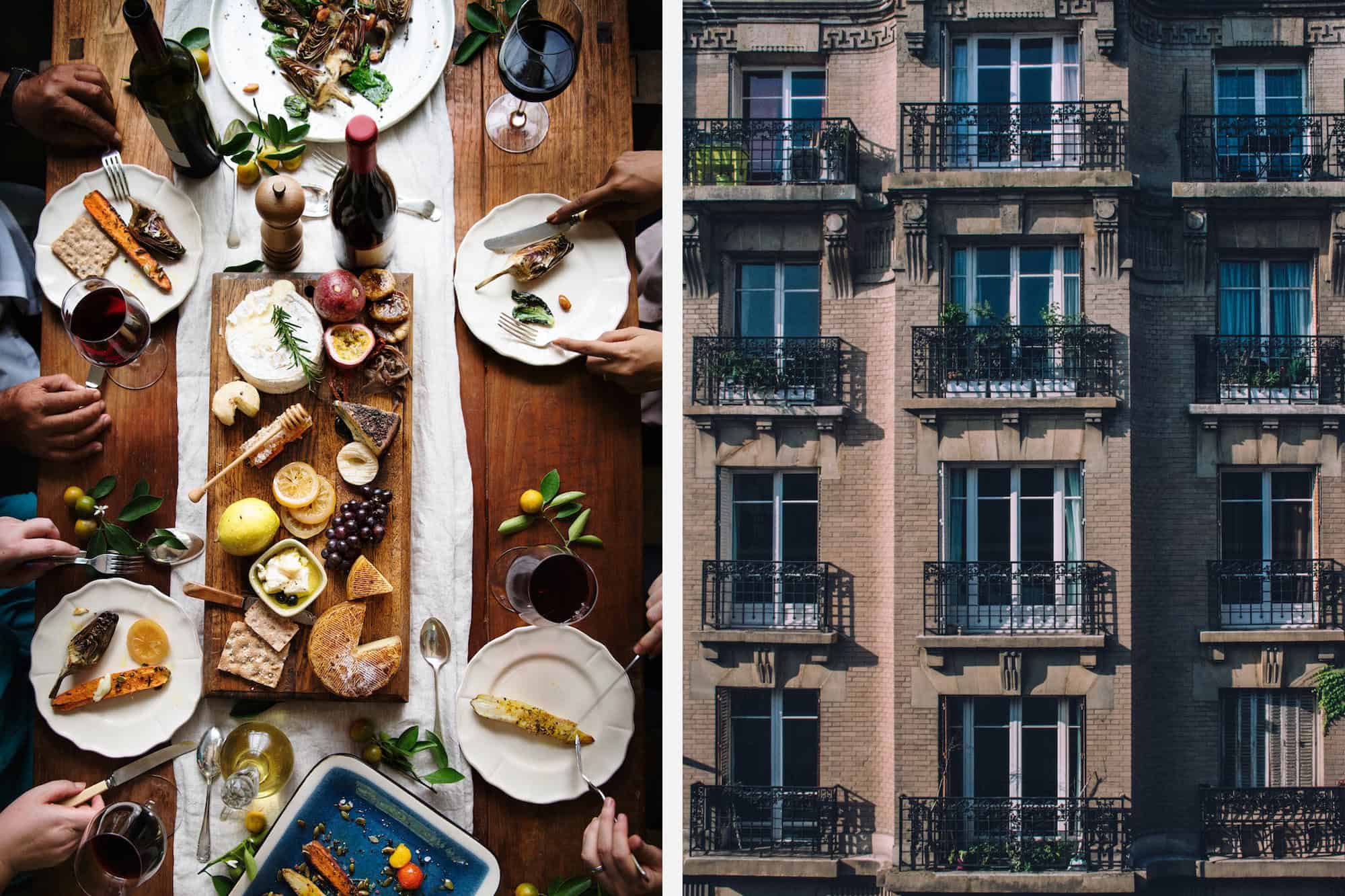 Eating with locals in Paris often involves cheese and wine (left). Enjoying a home-cooked meal at a Parisian's apartment gives you a glimpse of what's behind those beautiful building facades (right).