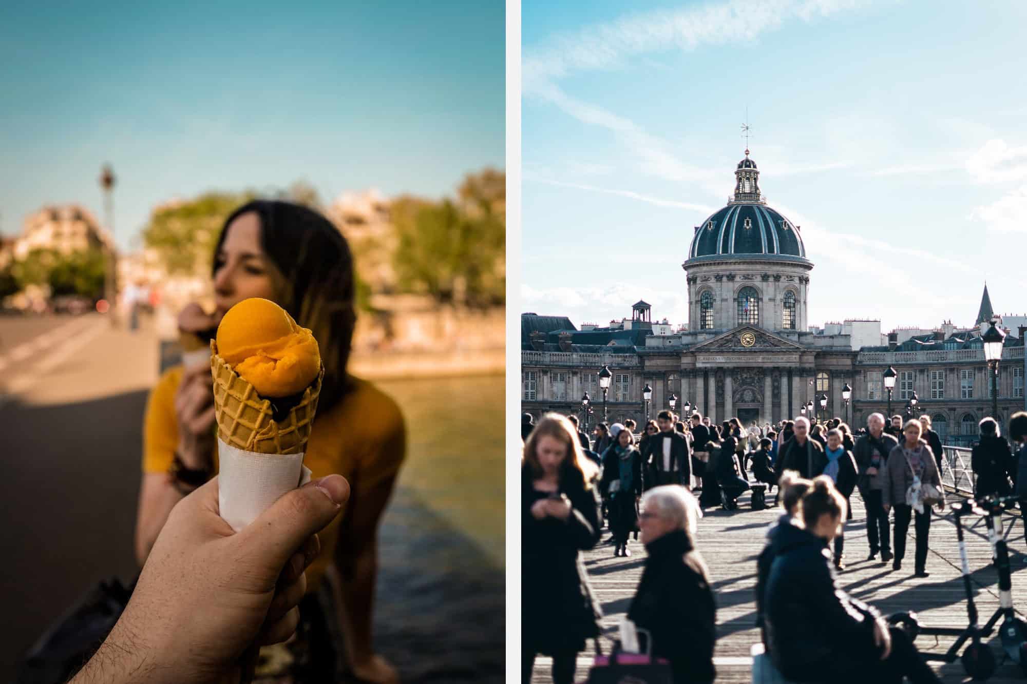 How to eat with locals in Paris, which is particularly handy when you want to know where to go for the best ice cream in summer like this visitor to the city, sitting close to the River Seine (left). Know where to go to eat with Parisians, wherever you are in the city (right).