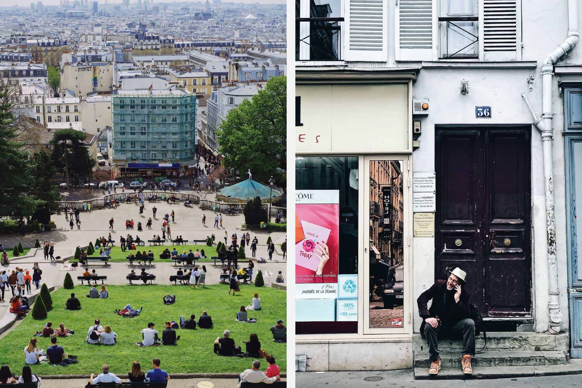 Know how to eat with locals in Paris, from home-cooked meals to picnics (left). Eating with Parisians is the best way of getting to know the city and its inhabitants like this stylish man sitting on the stoop of an apartment building while on the phone (right).