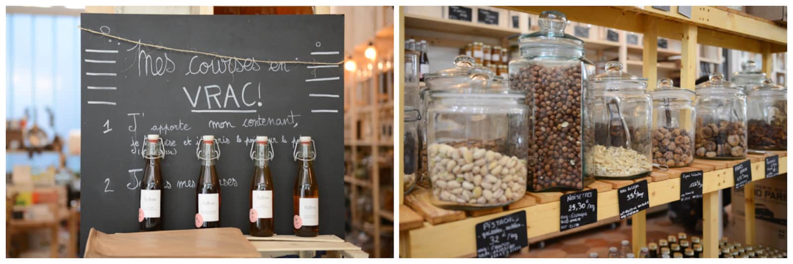 Buy wine in bulk in Paris at Welcome Bio grocery store (left), which also sells groceries in zero-waste packaging (right), and has its own organic restaurant.