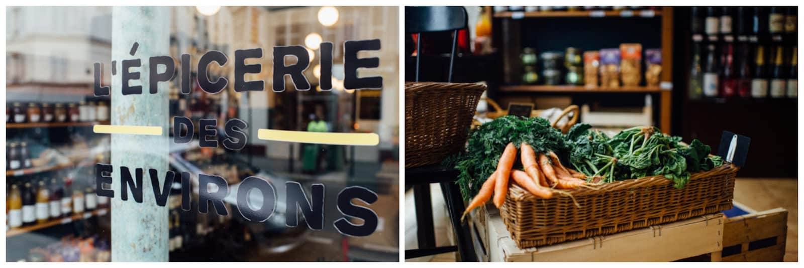 One of the best places to shop for sustainable, ethical and fair-trade food in Paris is grocery store L'Epicerie des Environs, with its shelves lined with products from all over France, as well as fresh vegetables like this basket of carrots.
