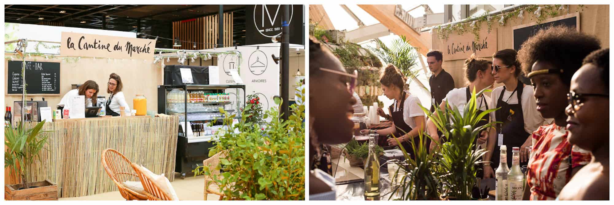 Sustainable food shopping in Paris at La Cantine du Marché, where there's a juice bar in plant-adorned surroundings (left). Three girls enjoying a drink at La Cantine du Marché, with light filtering through the glass roof (right).