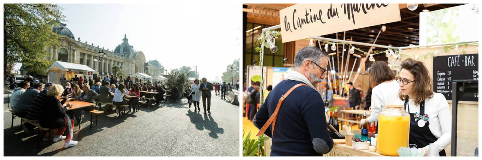 Sustainable eating in Paris at La Cantine du Marché's tables oustide the Grand Palais Museum in the sunshine (left). A waitress serving a male customer at the counter (right).