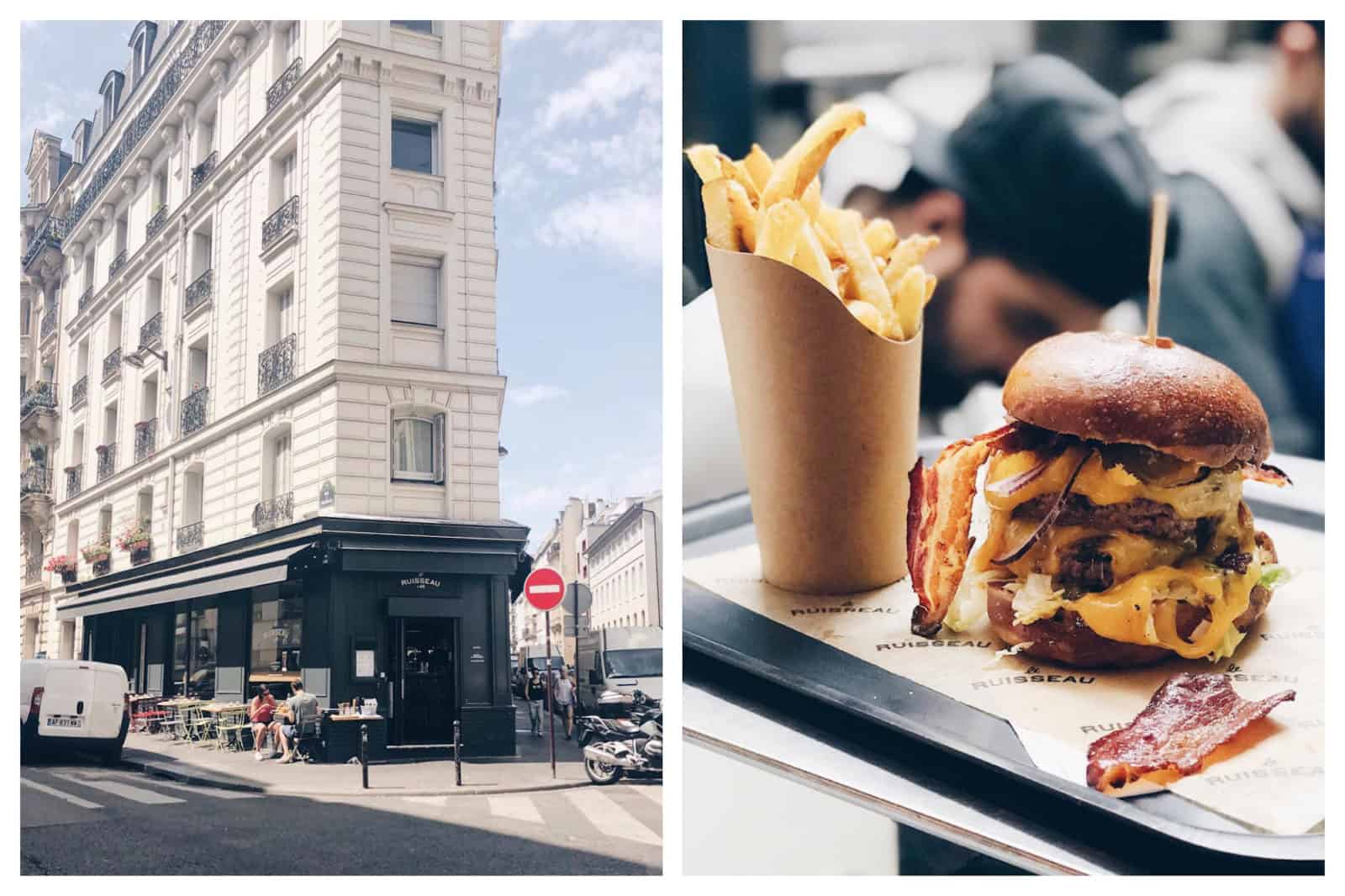 The Best Burgers in Paris can be found at Le Ruisseau in the 18th, slotted in at the bottom of an apartment building (left). Le Ruisseau does bacon, cheese and beef burgers with crispy fries (right). 